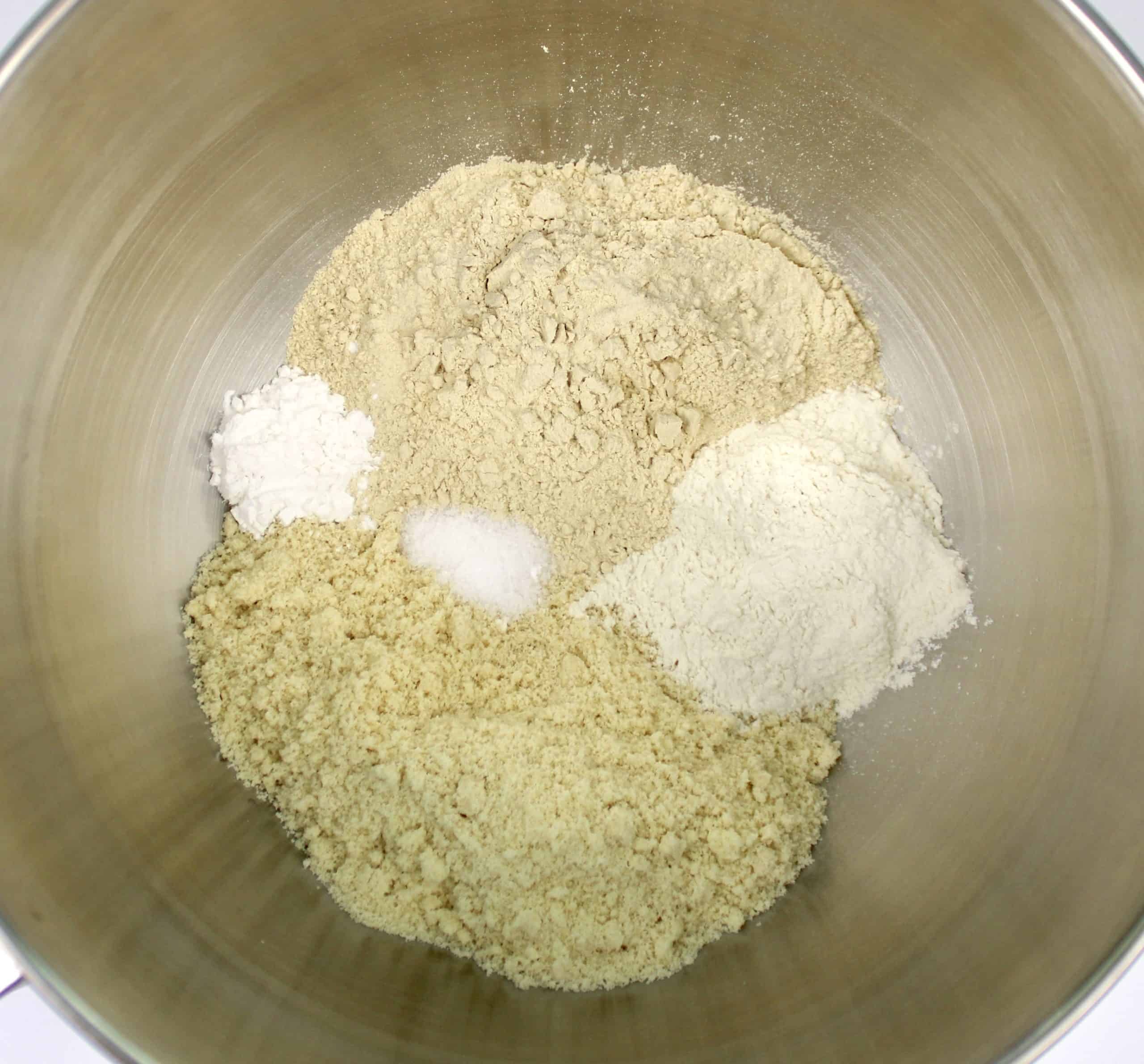 dry ingredients for keto tortillas in stand mixer bowl unmixed