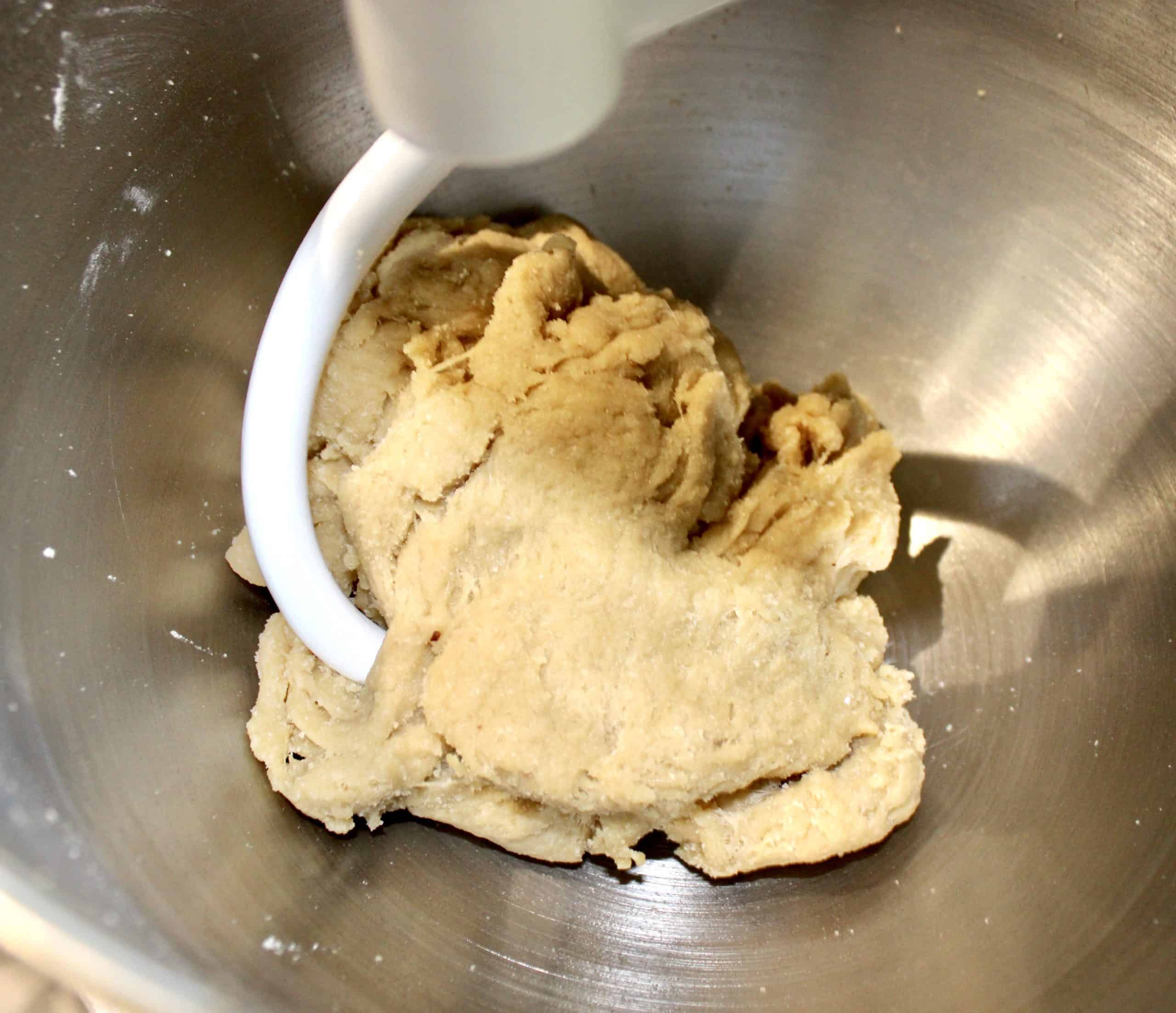 Keto Tortilla dough in mixer with dough hook