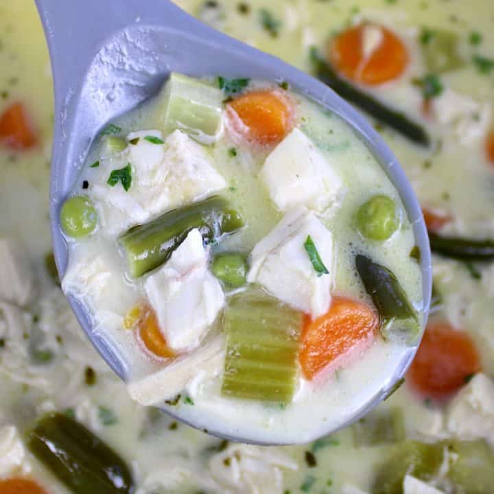 spoonful of Chicken Pot Pie Soup over pot