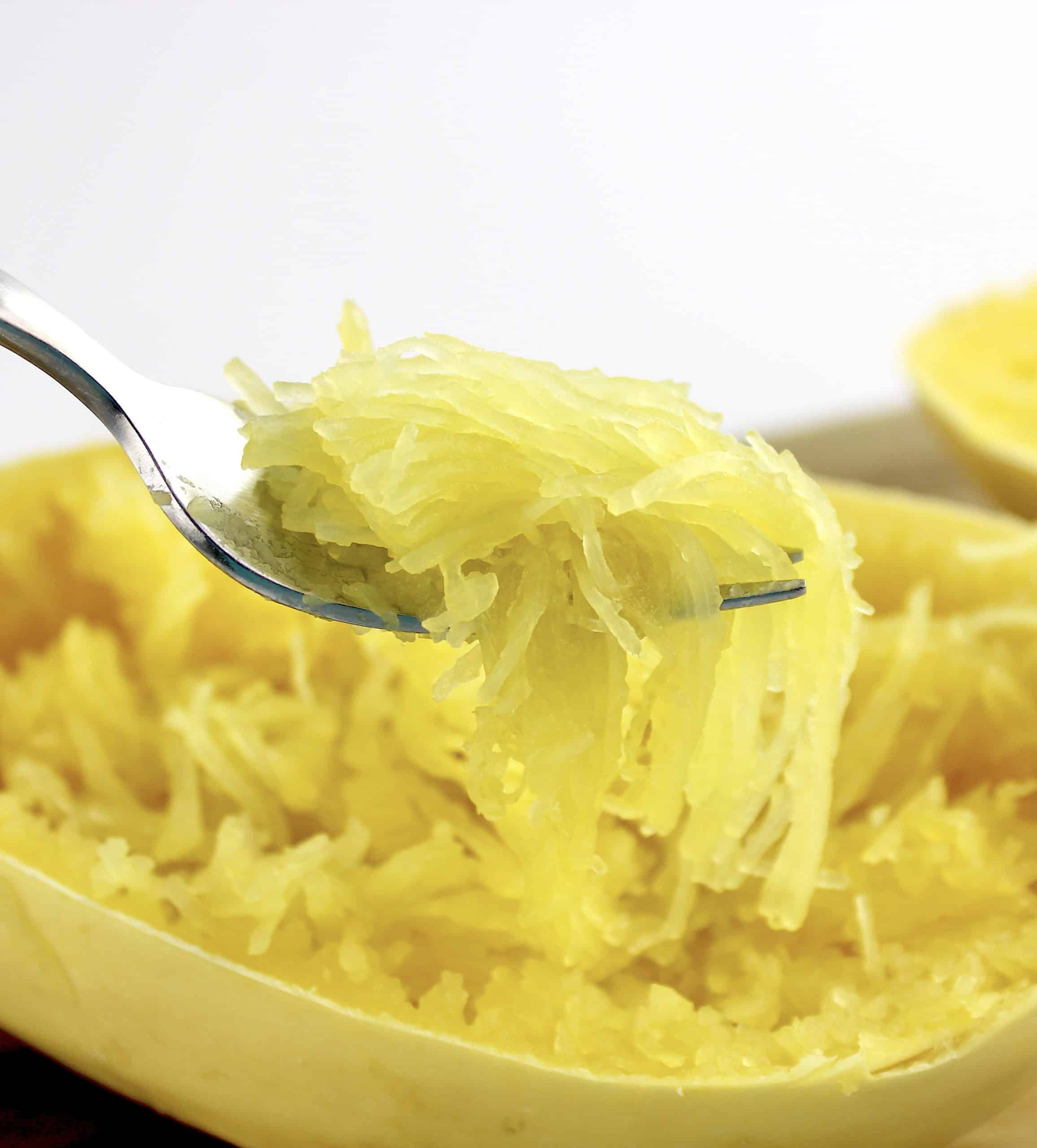 spaghetti squash strands being held up with fork