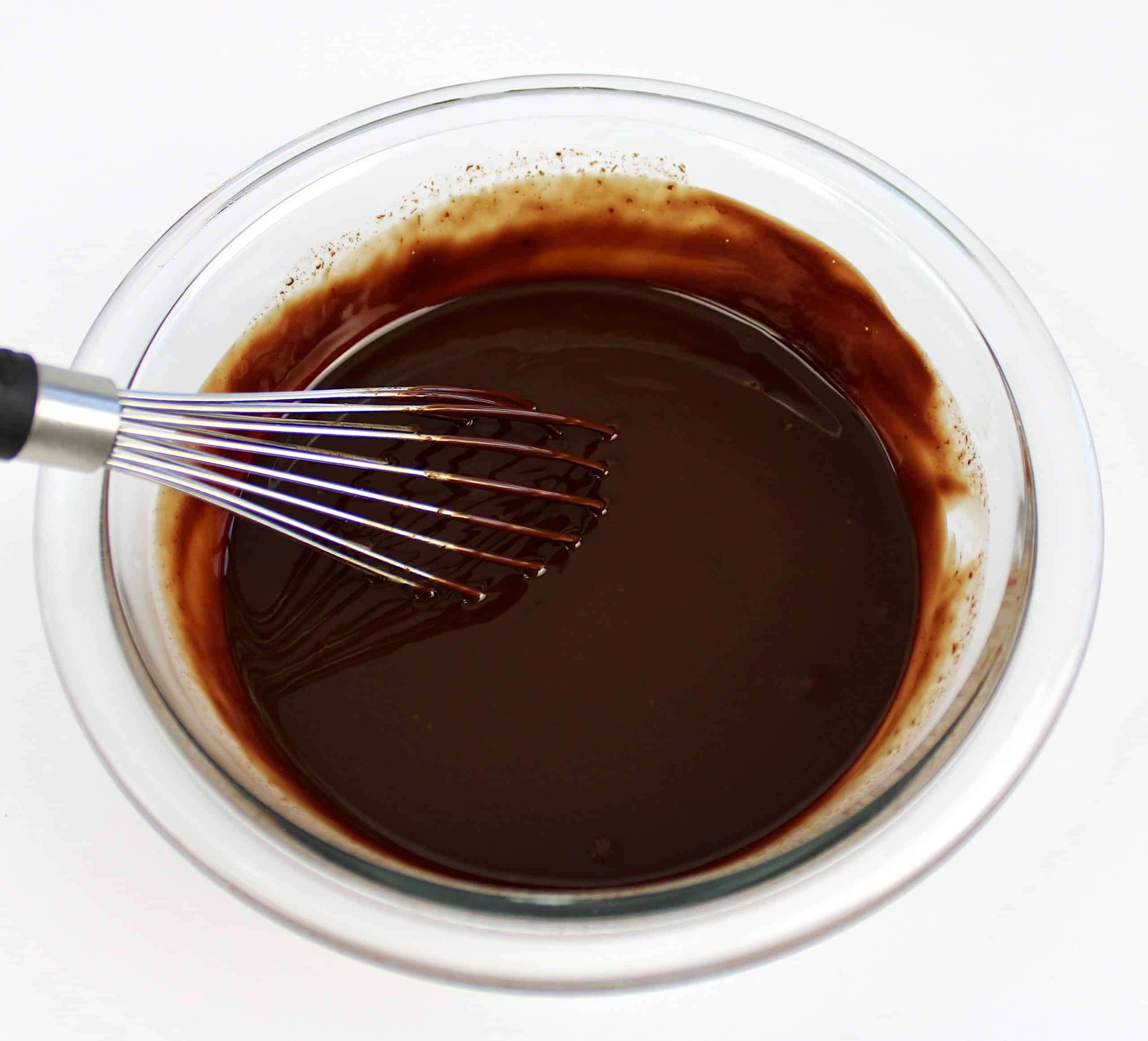 chocolate sauce in glass bowl with whisk