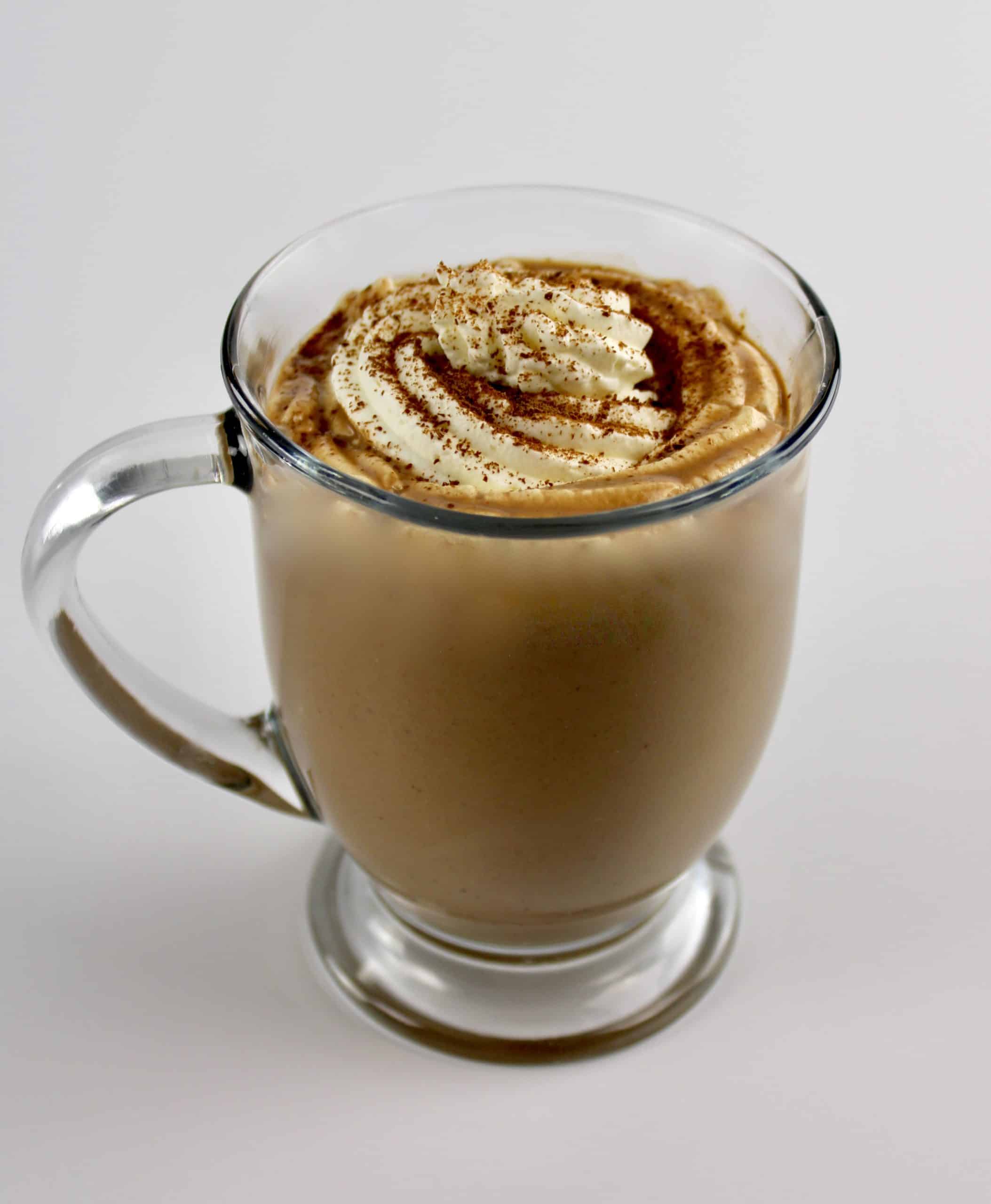 Keto Hot Chocolate in glass mug with whip cream on top