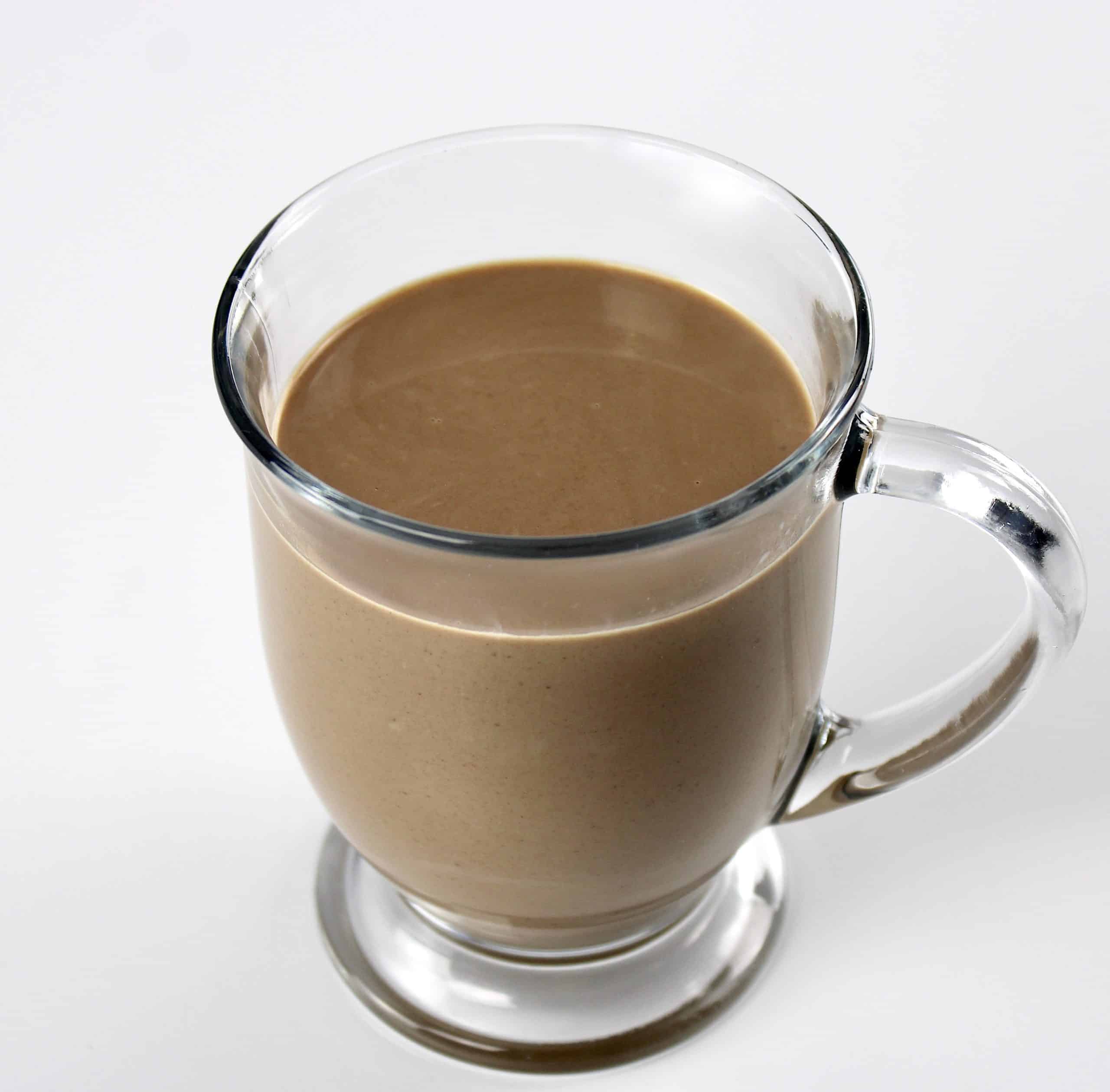 overhead view of hot chocolate in glass mug