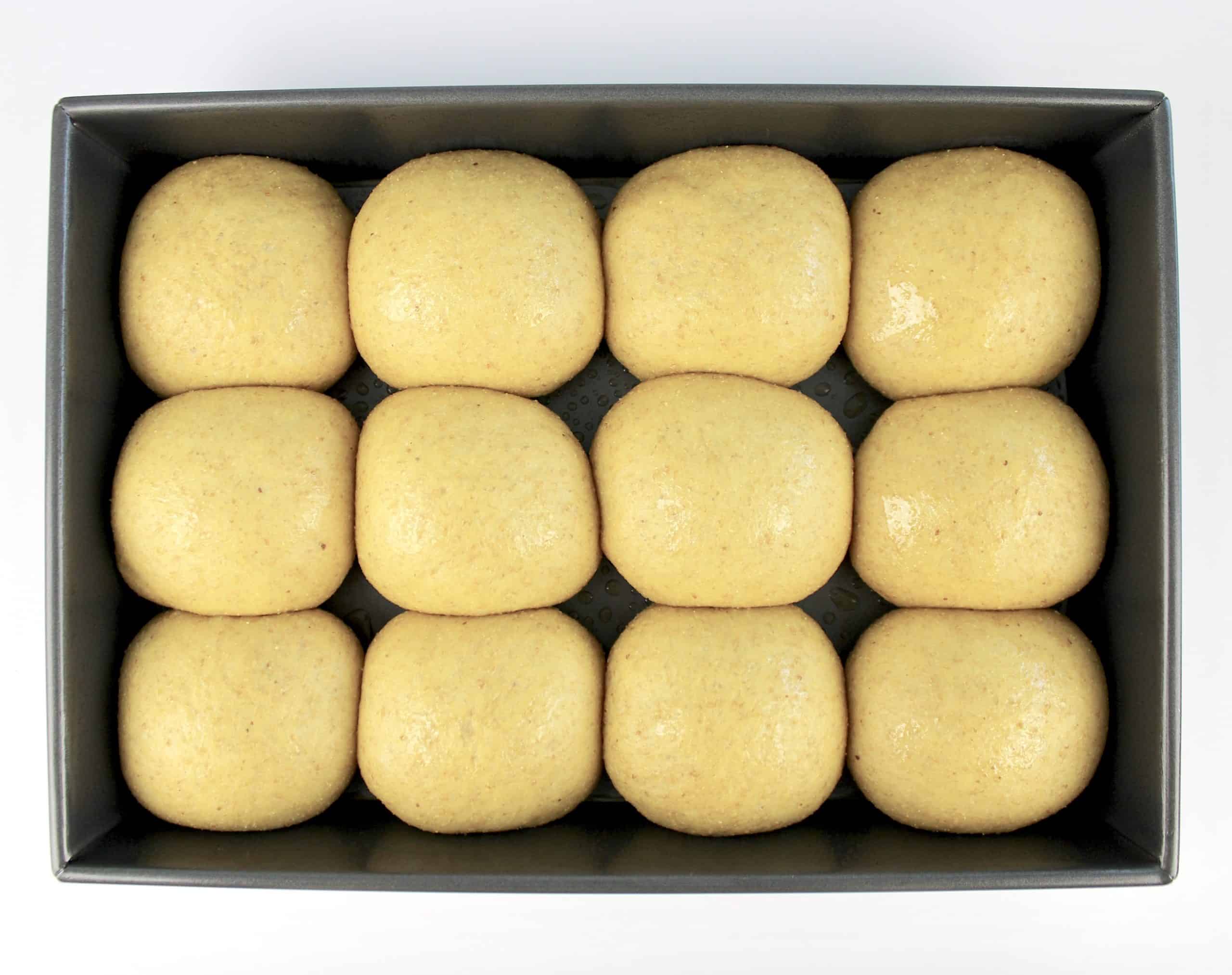 15 dough balls proofed and puffed up in baking pan
