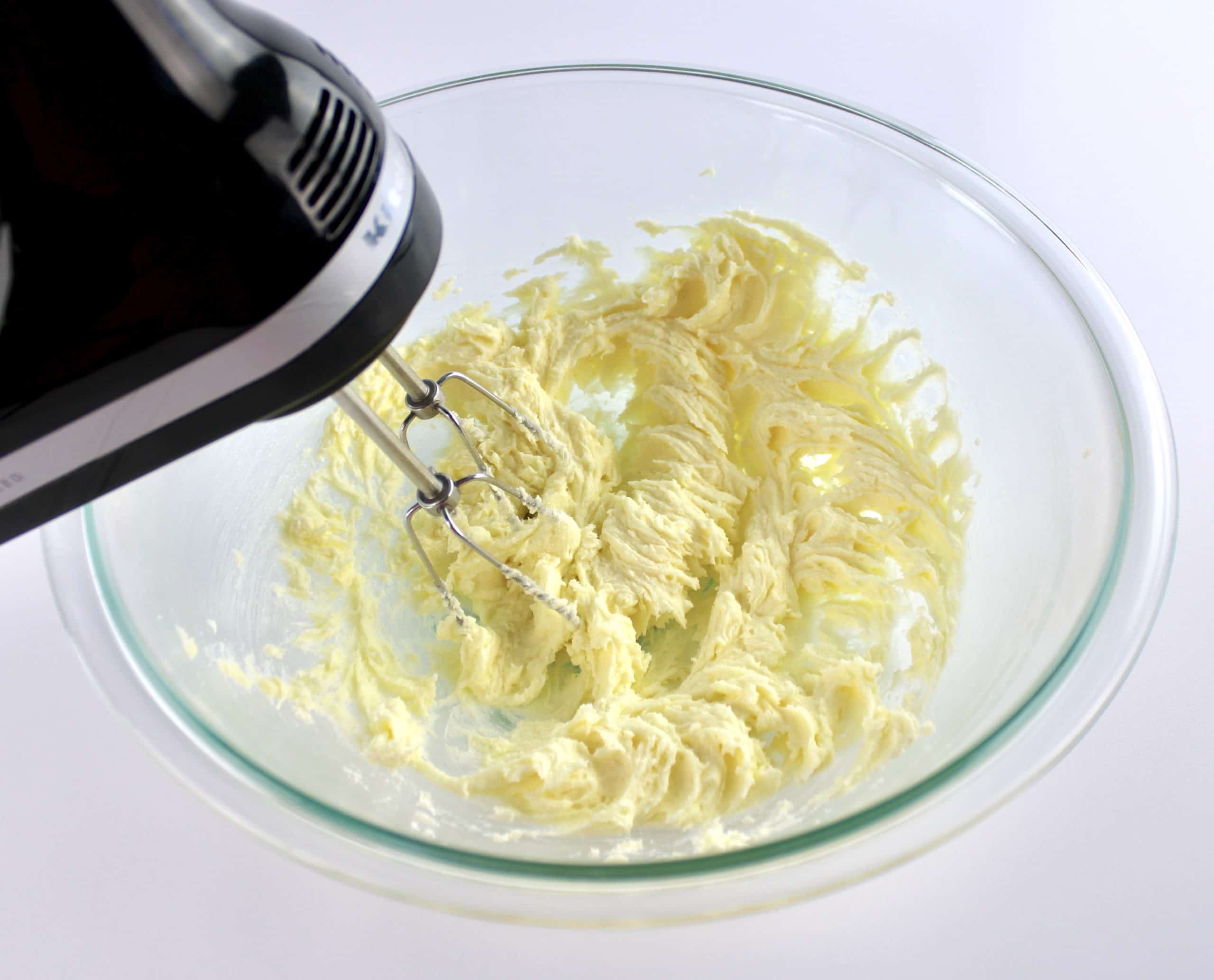 butter and sweetener creamed together with hand mixer