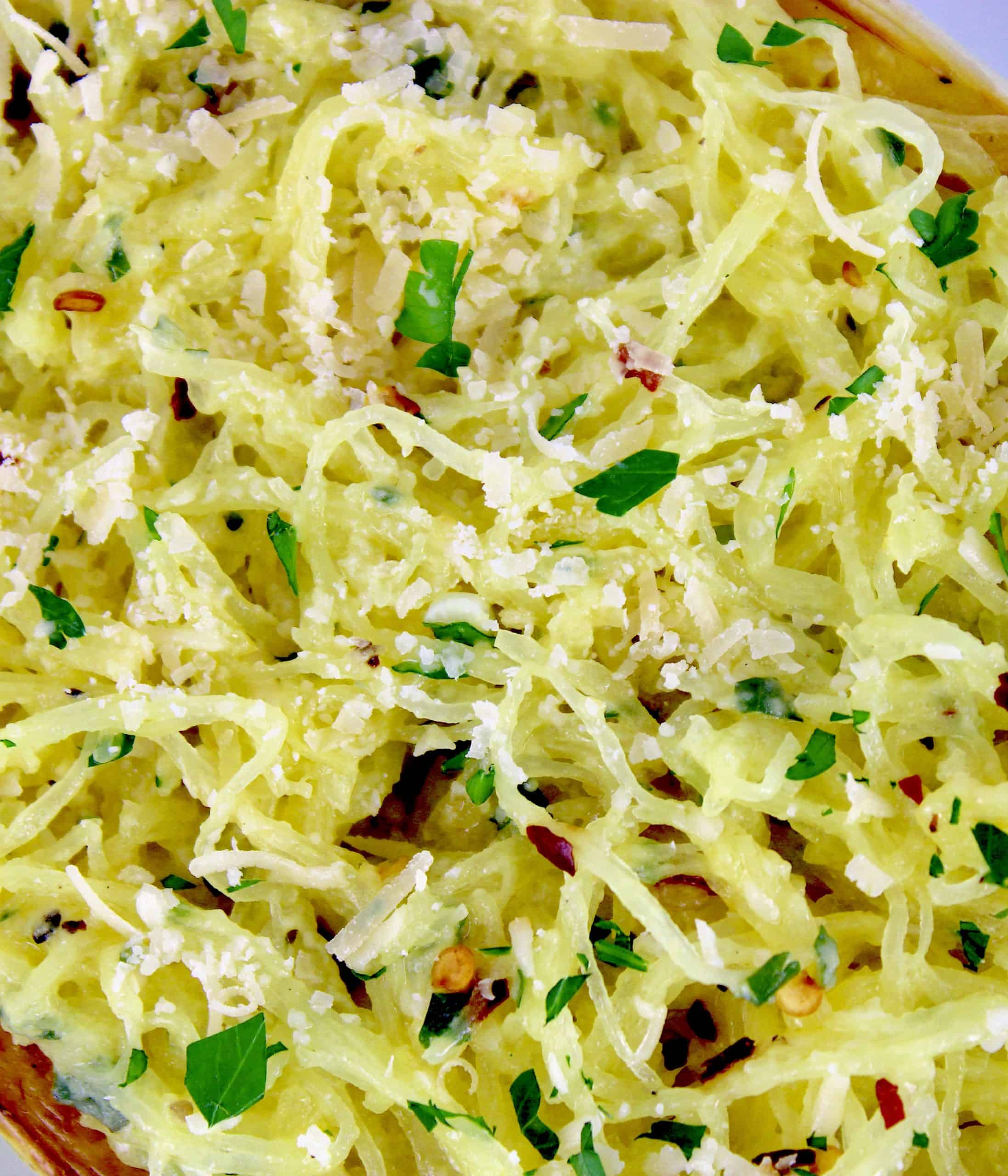 closeup of Parmesan Garlic Spaghetti Squash