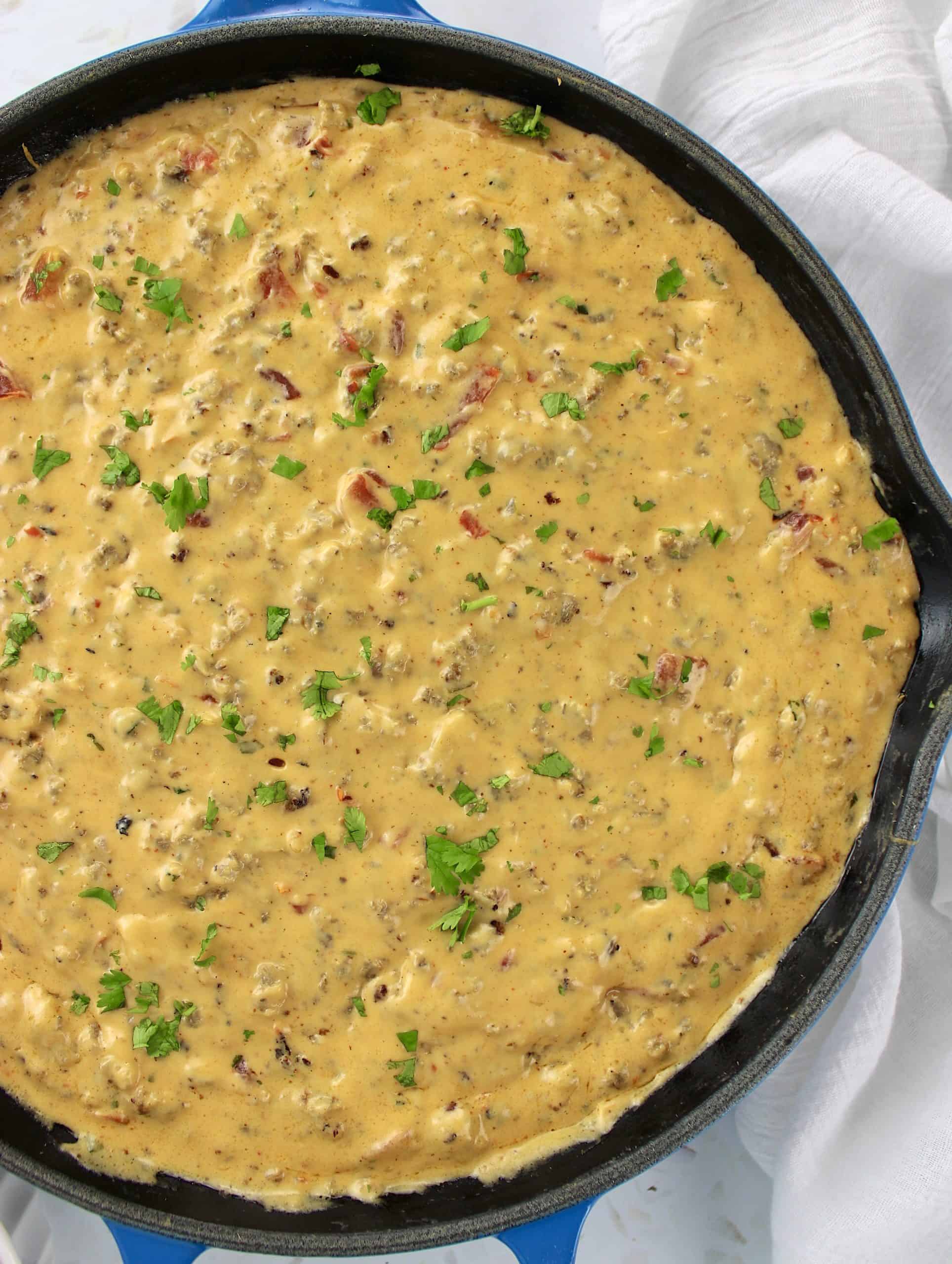 overhead view of Sausage Rotel Dip in skillet