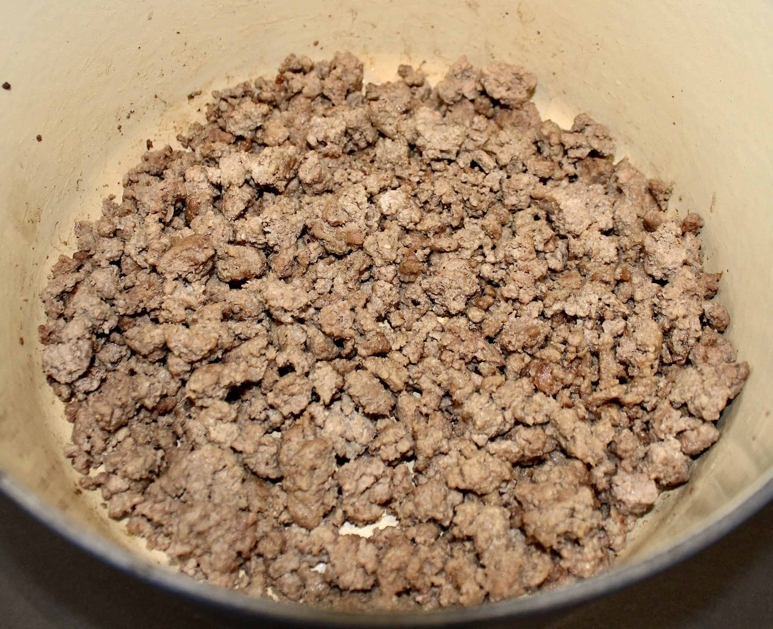 browned ground beef in pot