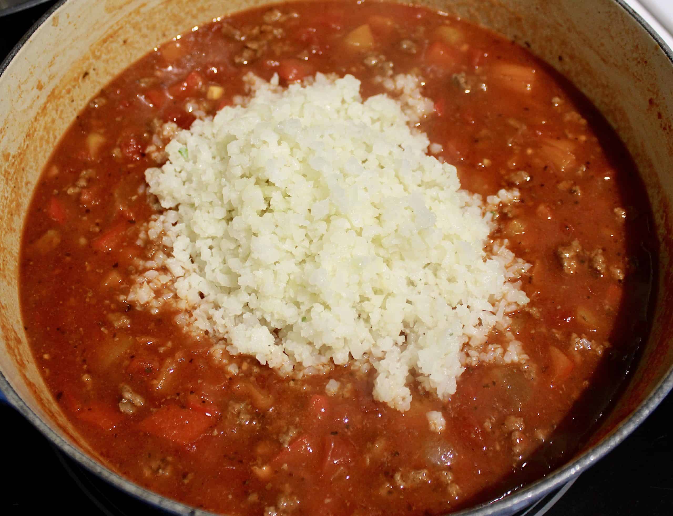 Stuffed Pepper Soup with cauliflower rice in center of pot