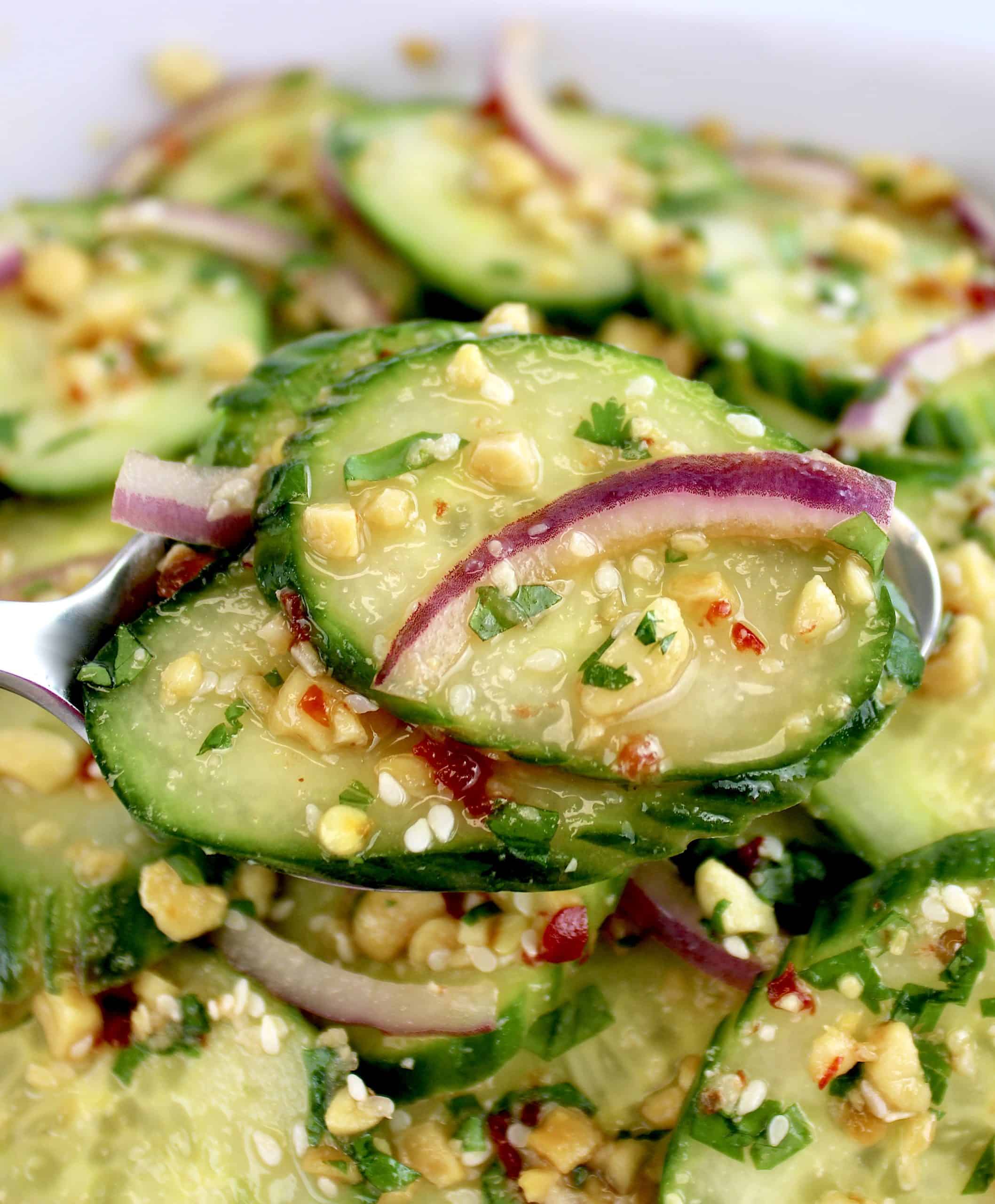 spoon holding up Thai Cucumber Salad
