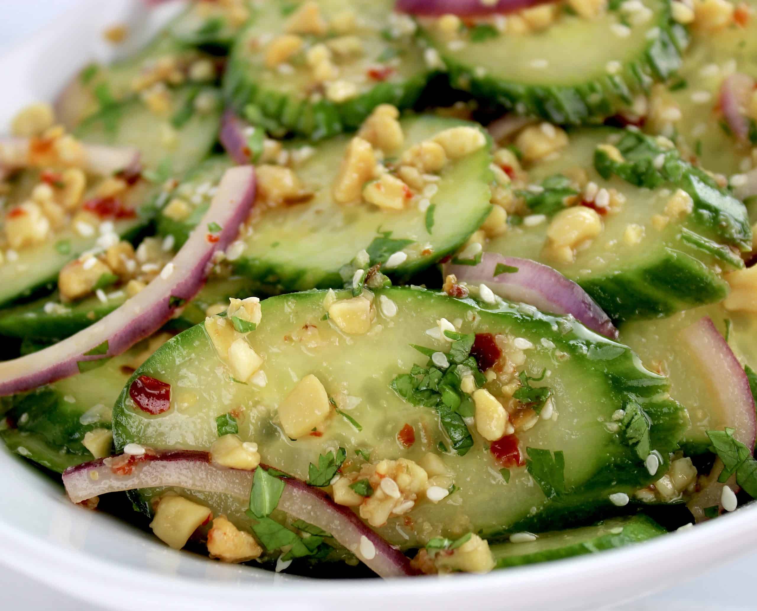 closeup of Thai Cucumber Salad in white bowl