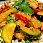 closeup of Thai Red Coconut Curry Pork with Cilantro Lime Cauliflower Rice
