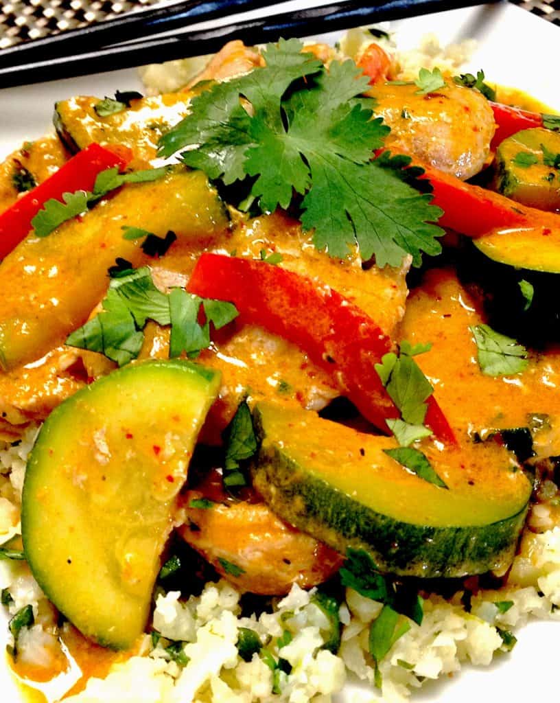 closeup of Thai Red Coconut Curry Pork with Cilantro Lime Cauliflower Rice