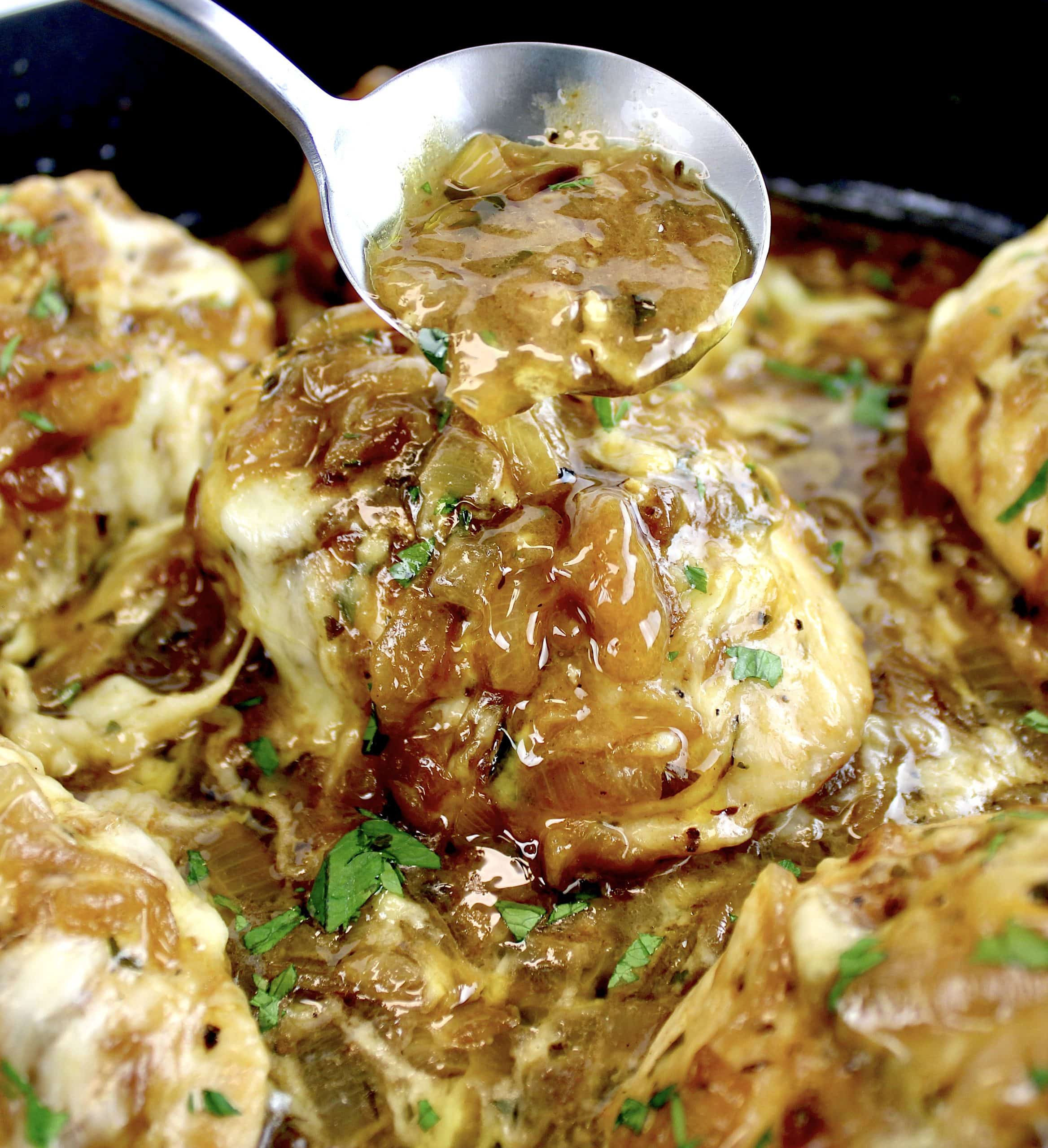 French Onion Chicken with onions being spooned over top
