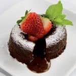 chocolate lava cake with strawberry and mint