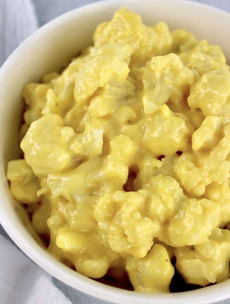 overhead view of Cauliflower Mac and Cheese in white bowl