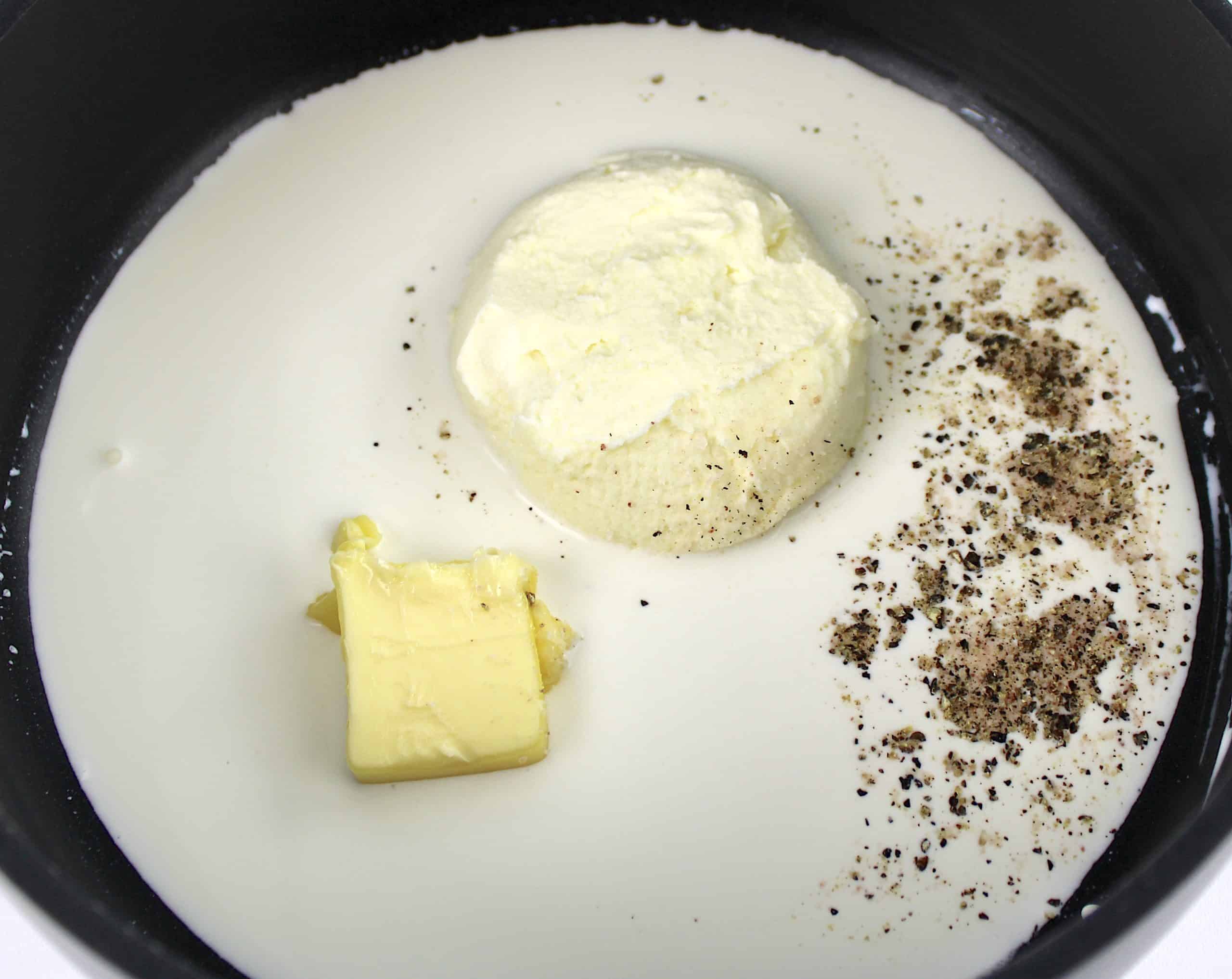 heavy cream mascarpone butter salt and pepper in saucepan