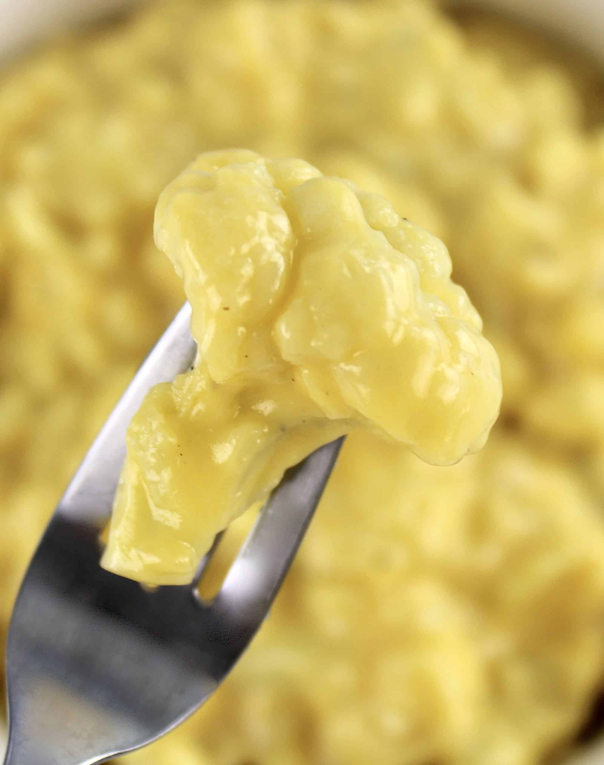 closeup of piece of Cauliflower Mac and Cheese on fork