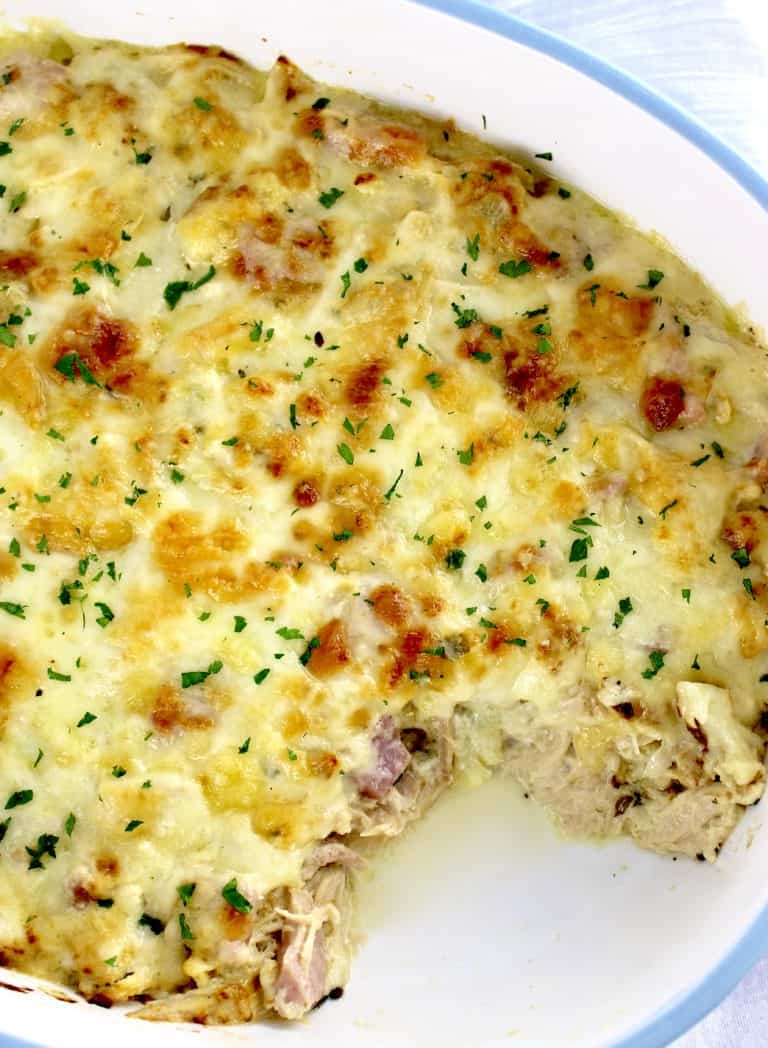 Keto Chicken Cordon Bleu Casserole with piece missing