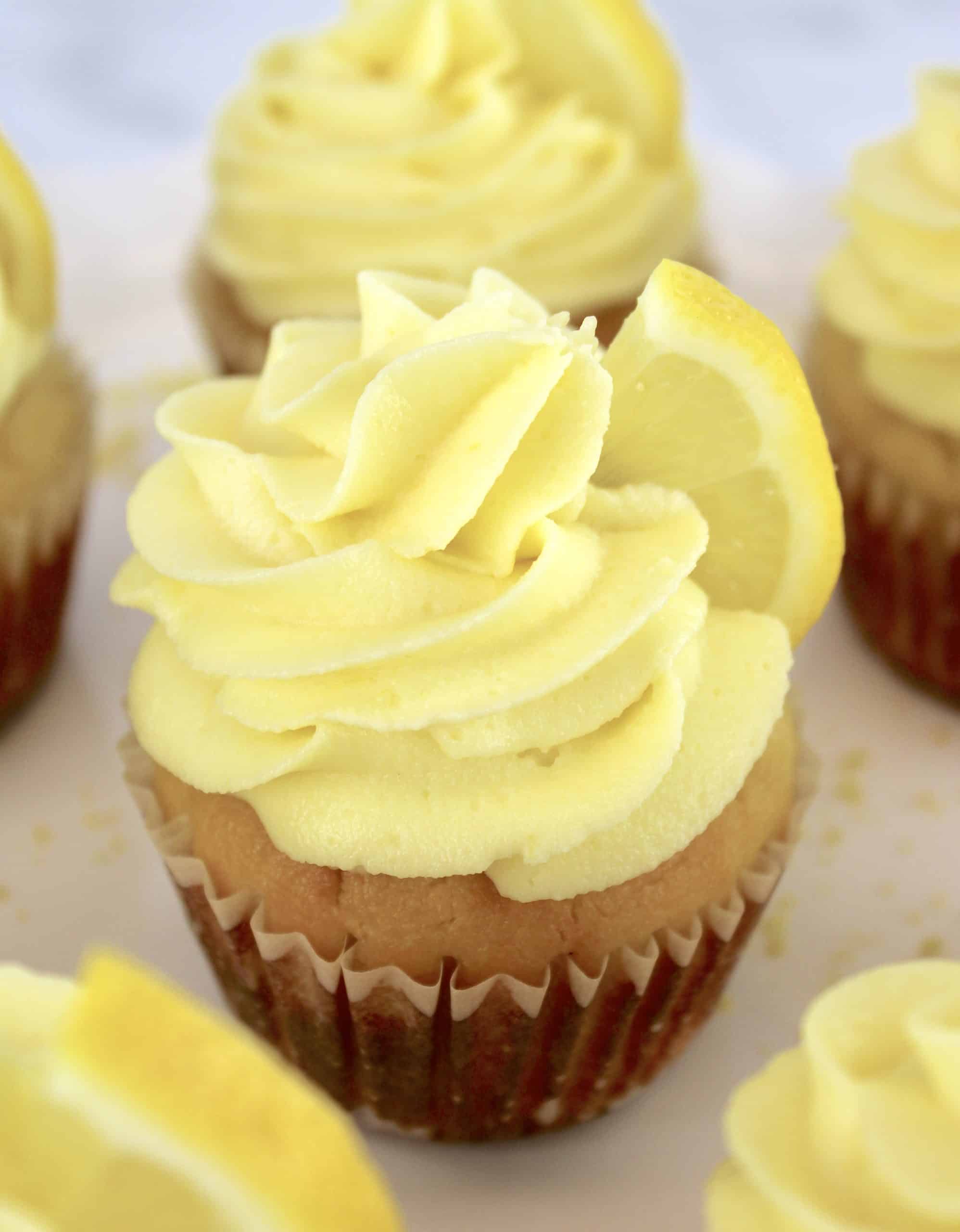 closeup of Keto Lemon Cupcake with lemon slice on frosting