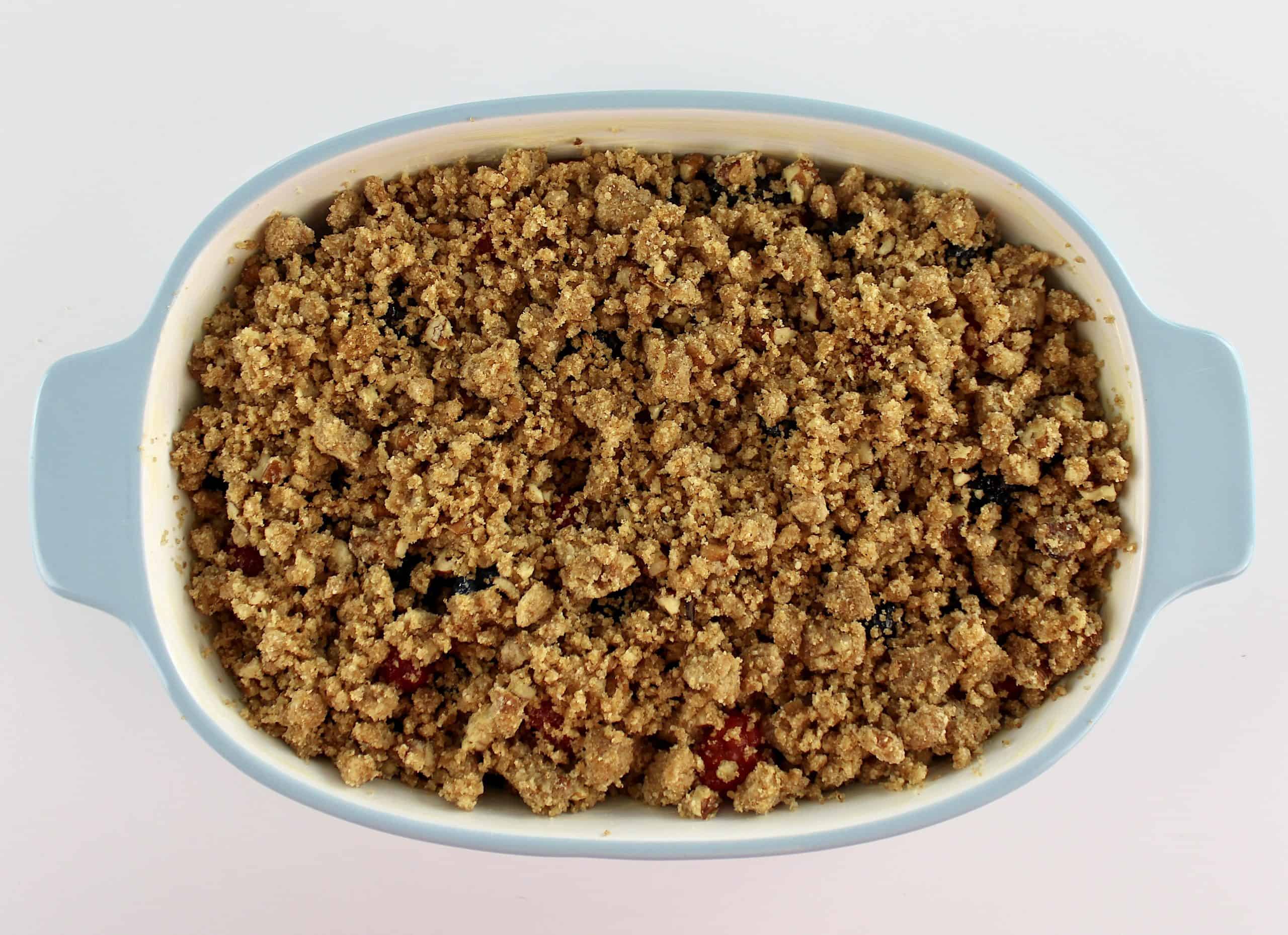 Mixed Berry Crumble in casserole baking dish unbaked