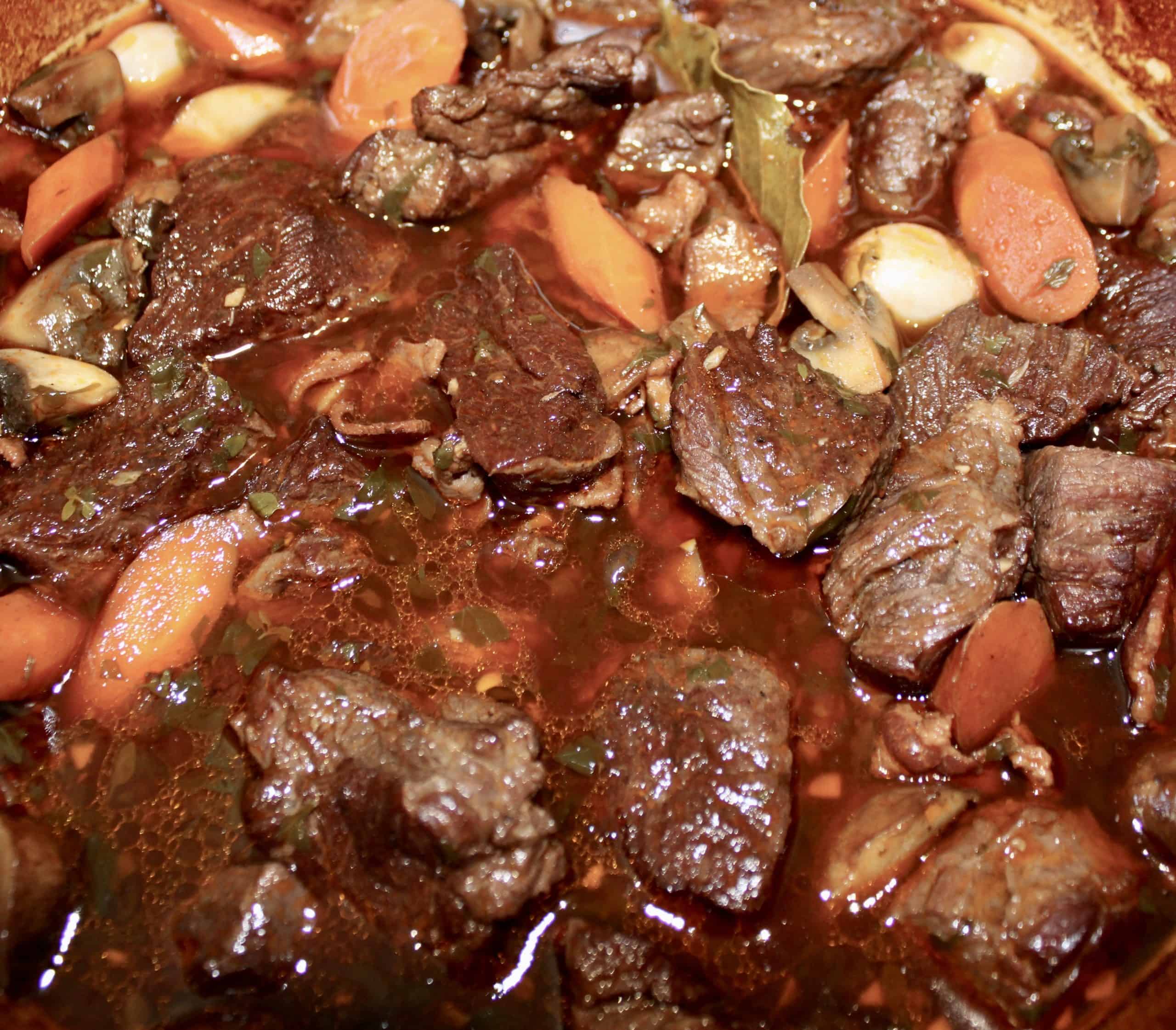 Beef Bourguignon partially cooked in pot