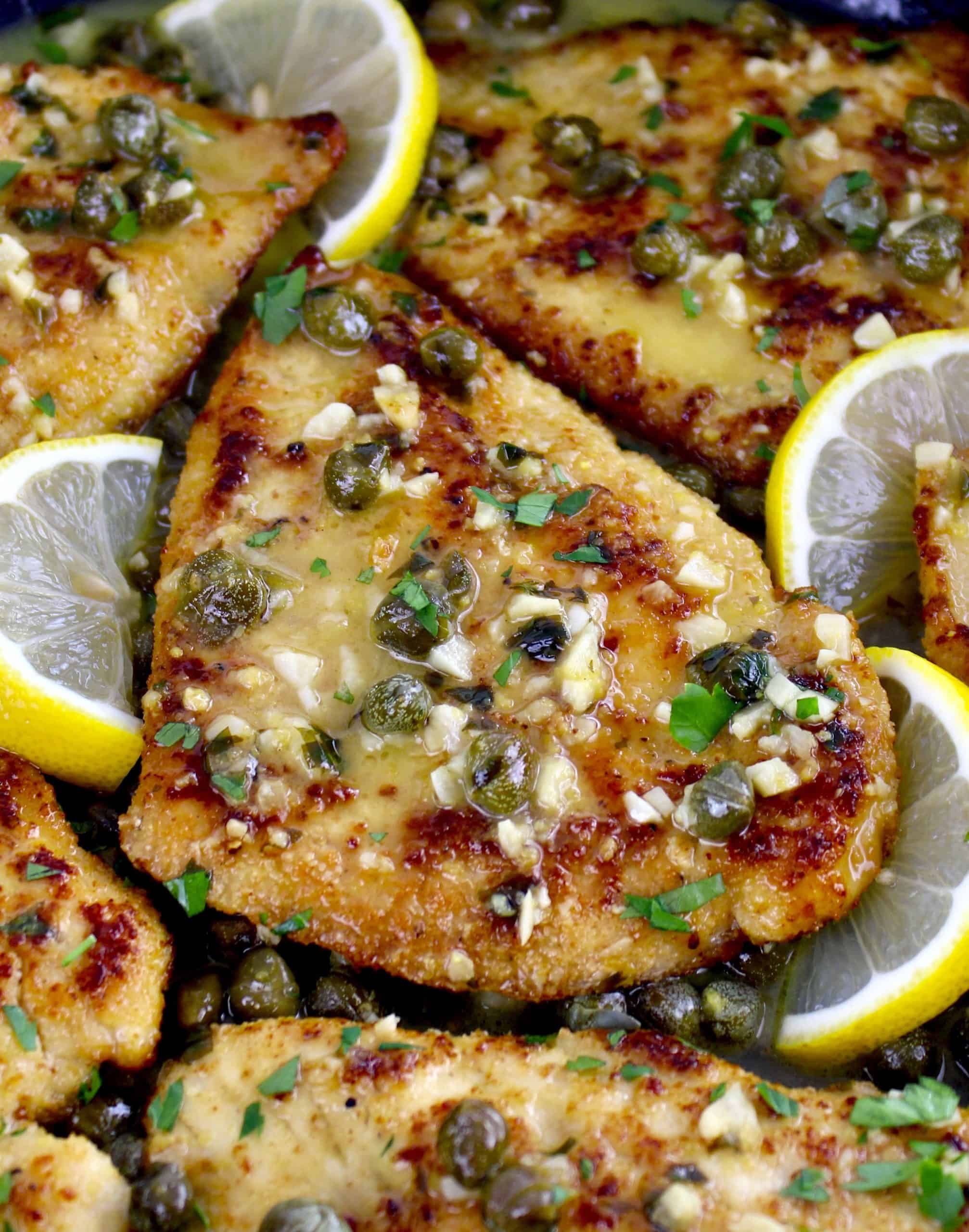 closeup of Chicken Piccata with lemon slices