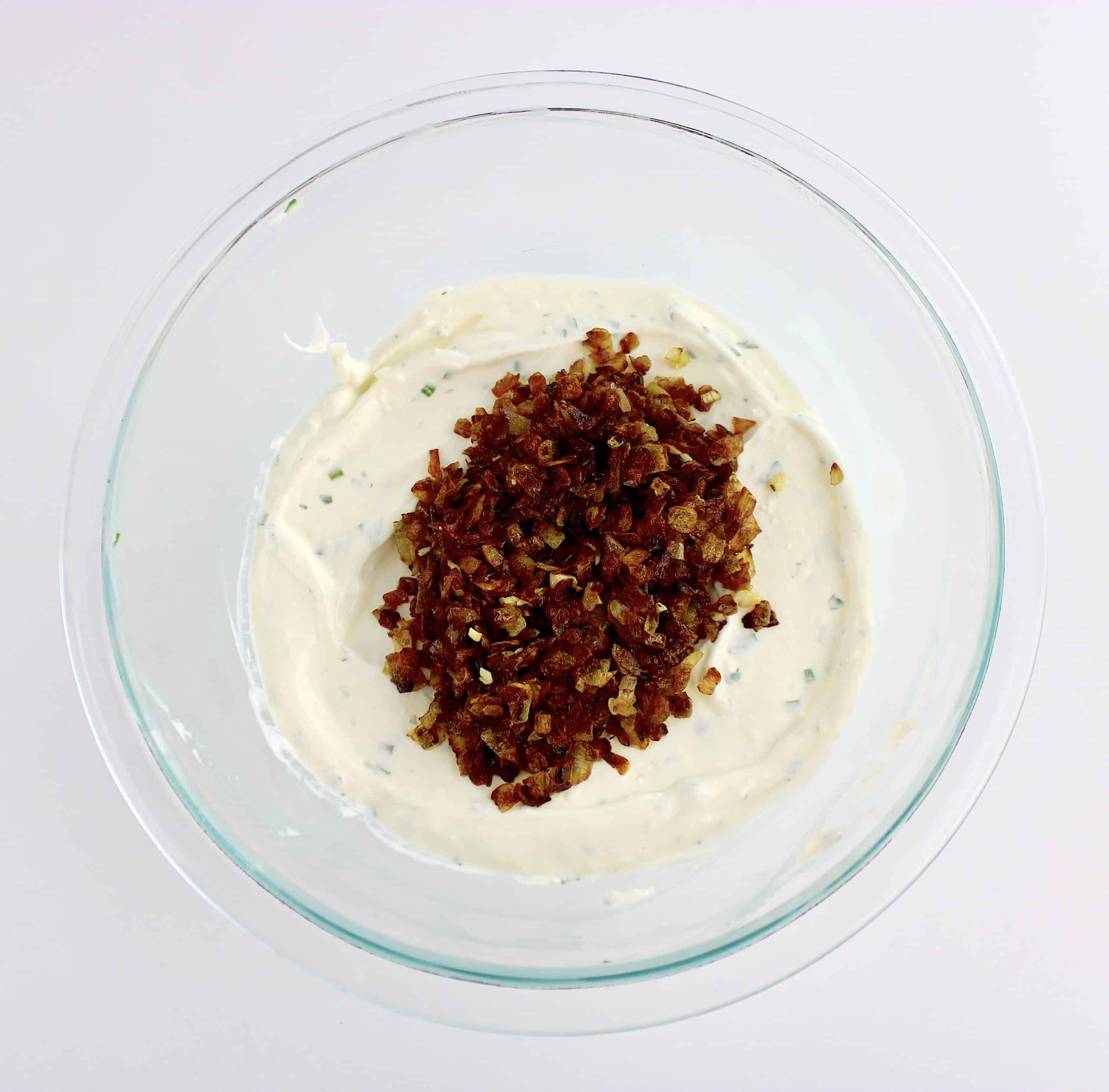 caramelized onions in bowl with sour cream