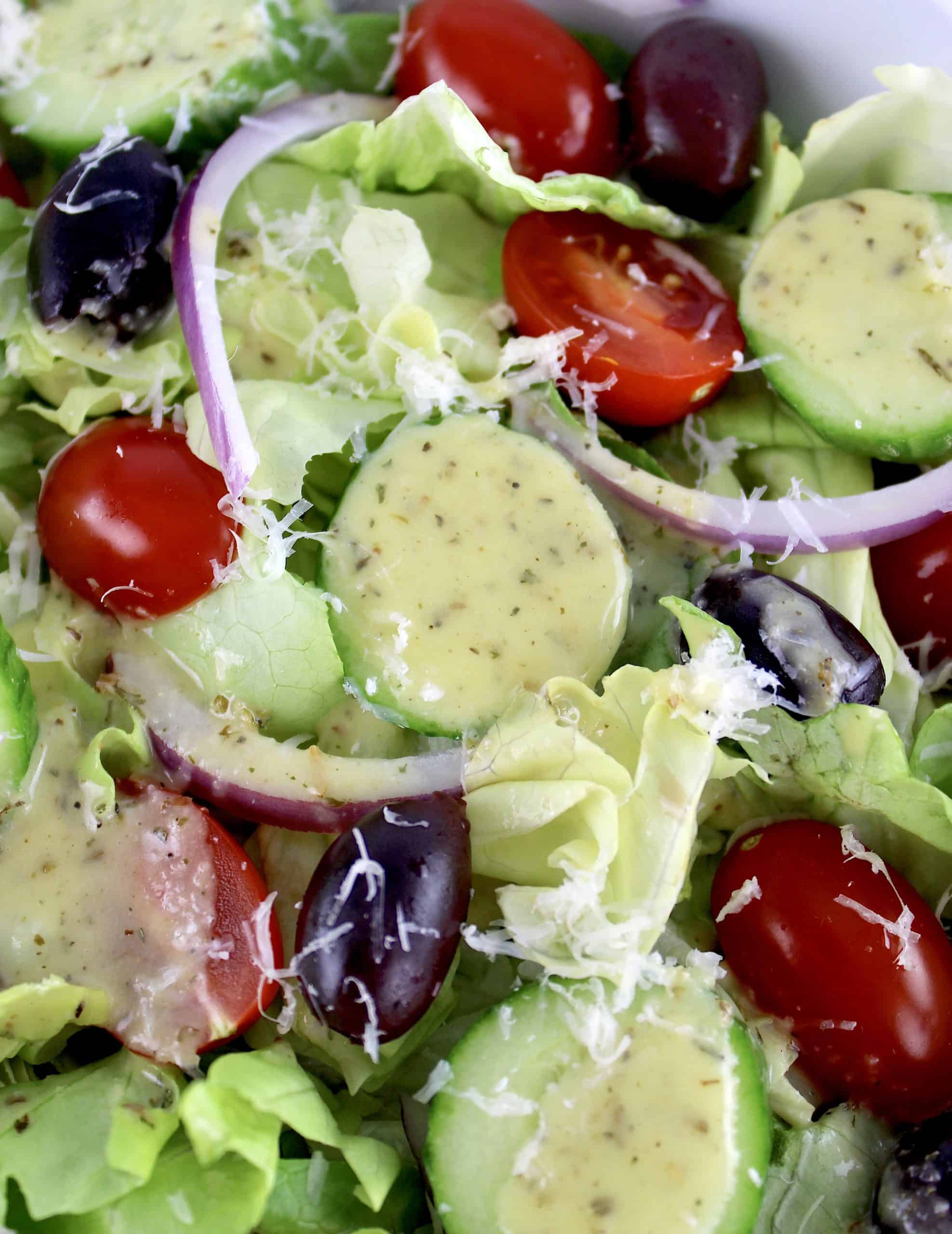 closeup of salad with Homemade Italian Dressing on top