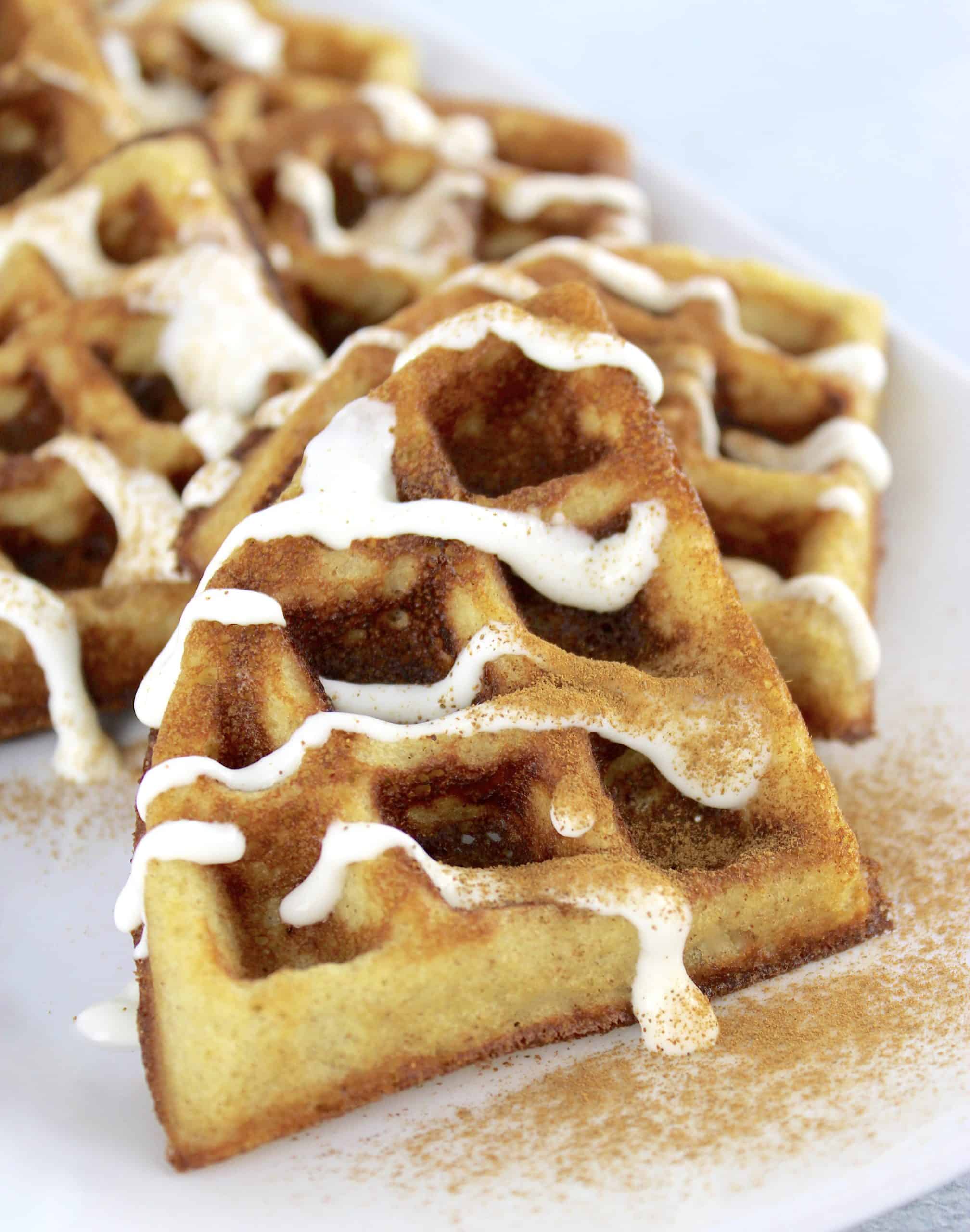Keto Cinnamon Roll Waffles with icing on top