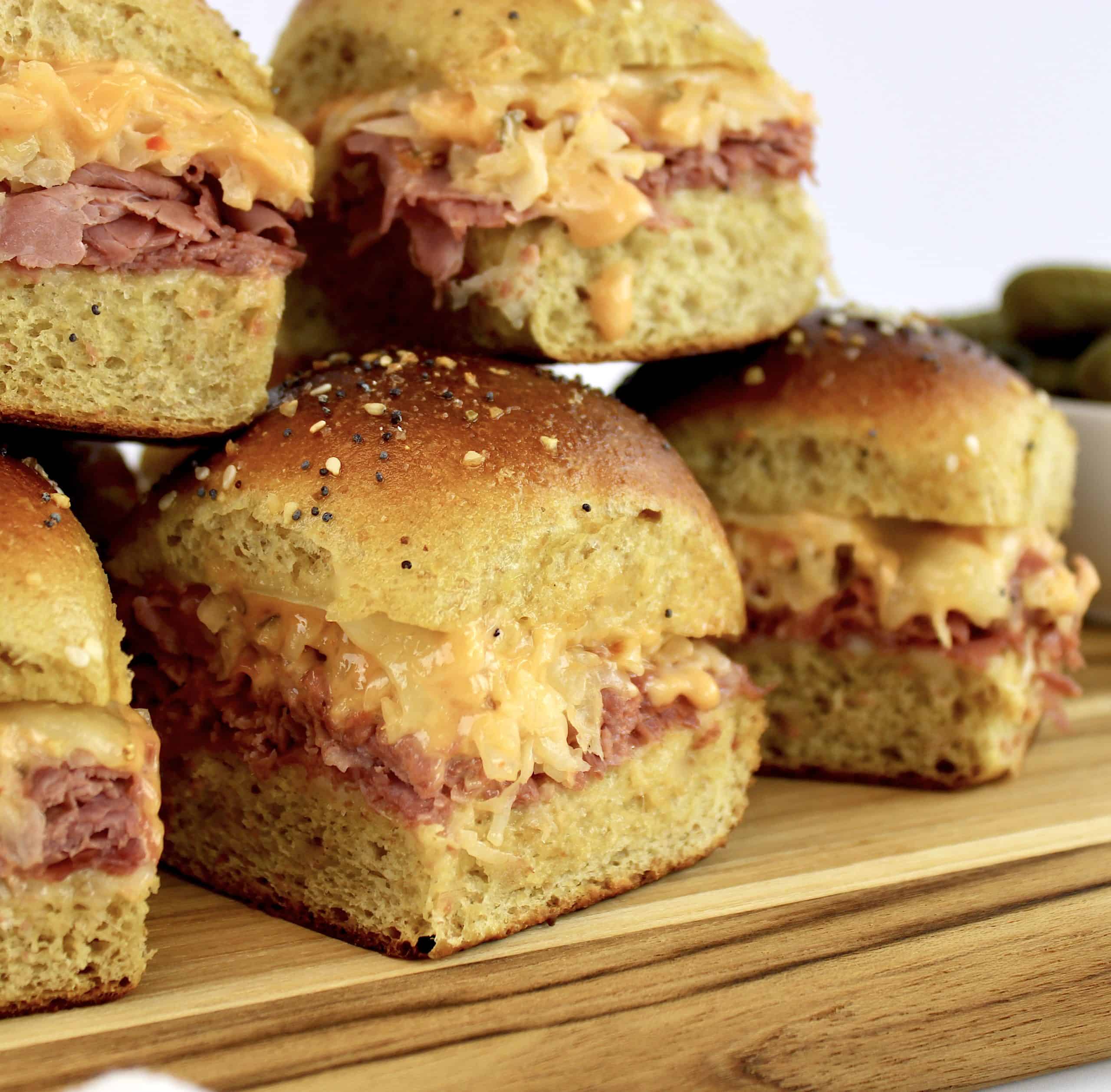 stacked up Keto Reuben Sliders on cutting board