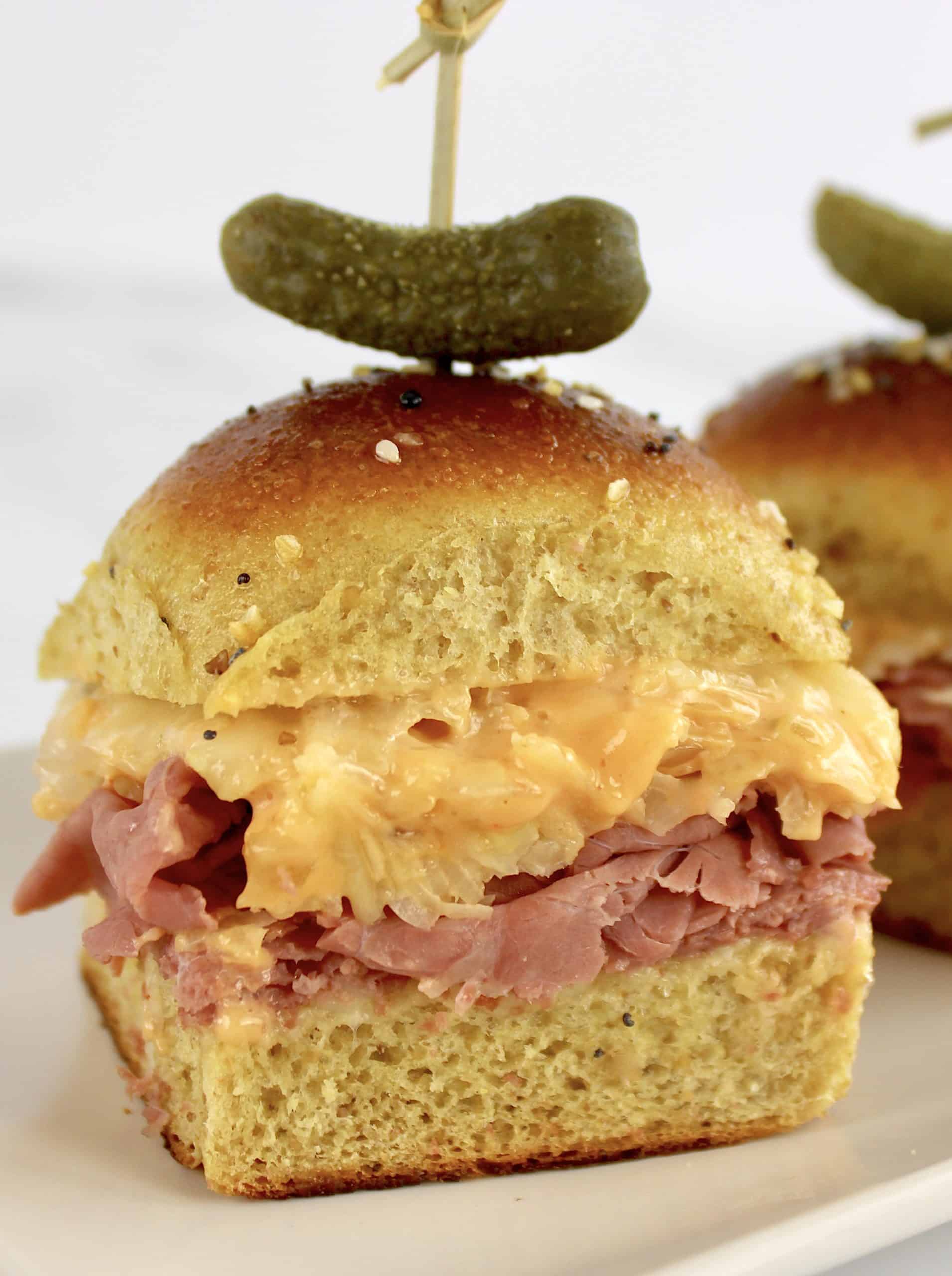closeup of Keto Reuben Slider with pickle on top