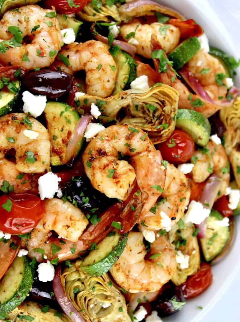 Mediterranean Sheet Pan Shrimp in white bowl