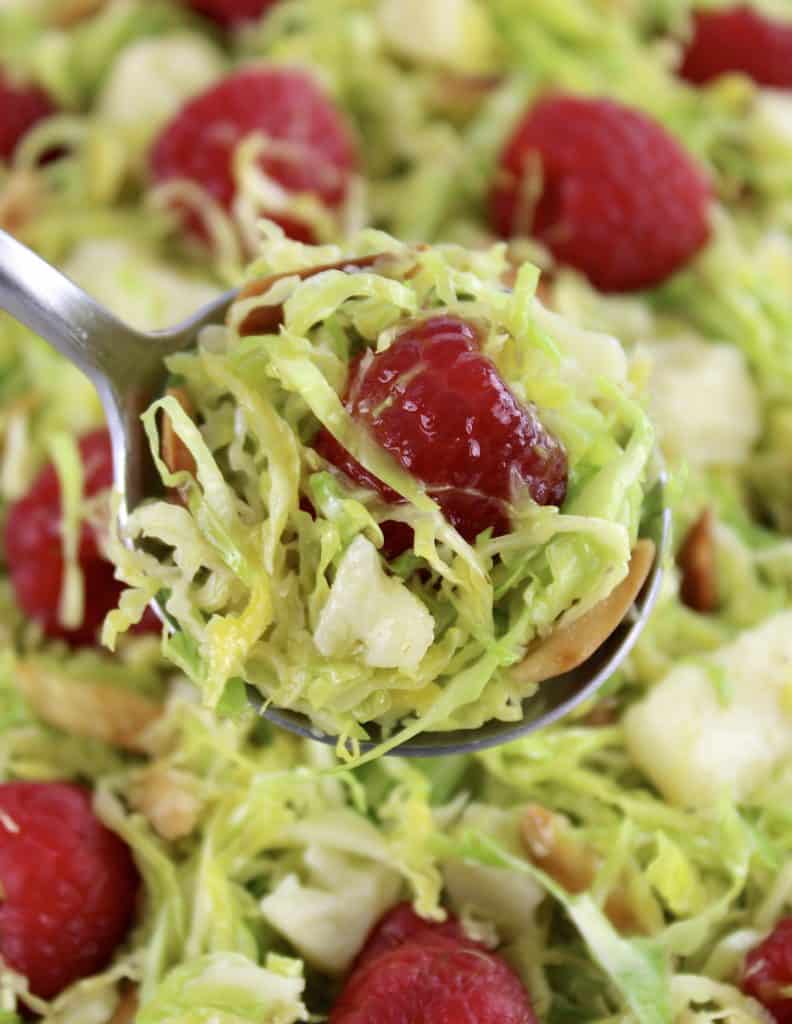 spoonful of Shaved Brussels Sprouts Salad with raspberries parmesan cheese and slivered almonds