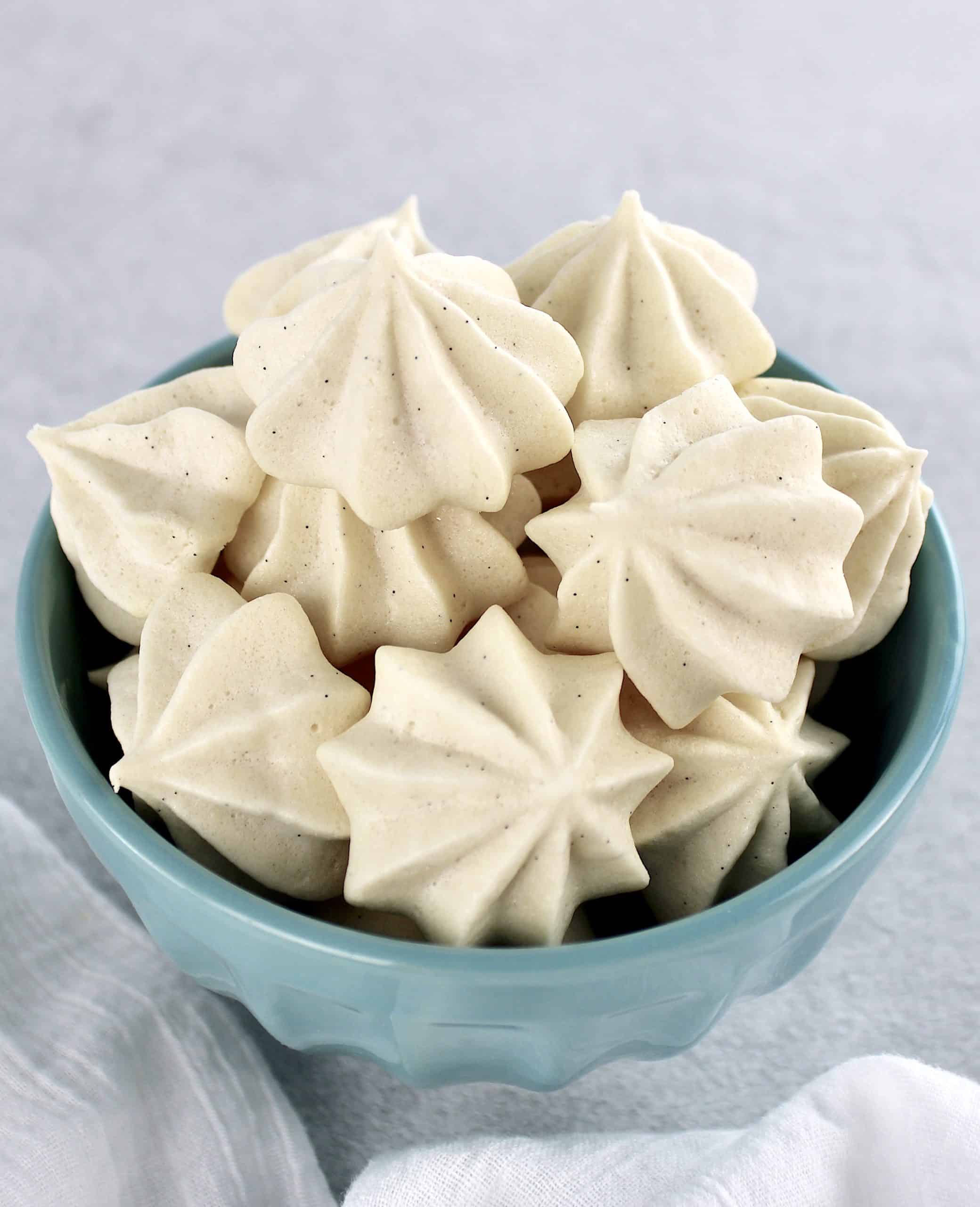 Sugar-Free Keto Meringue Cookies piled up in blue bowl