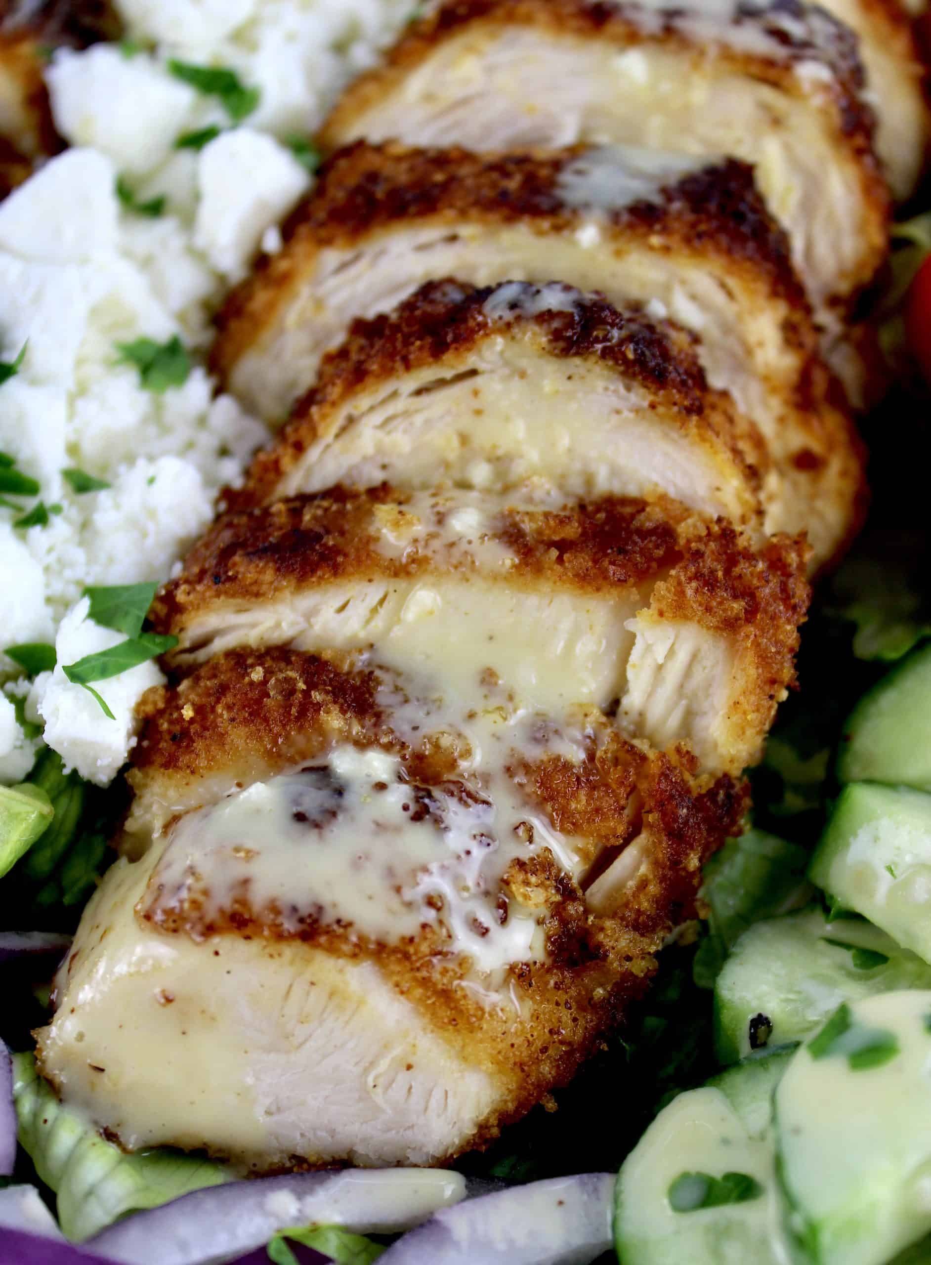 closeup of sliced chicken in Crispy Chicken Salad 