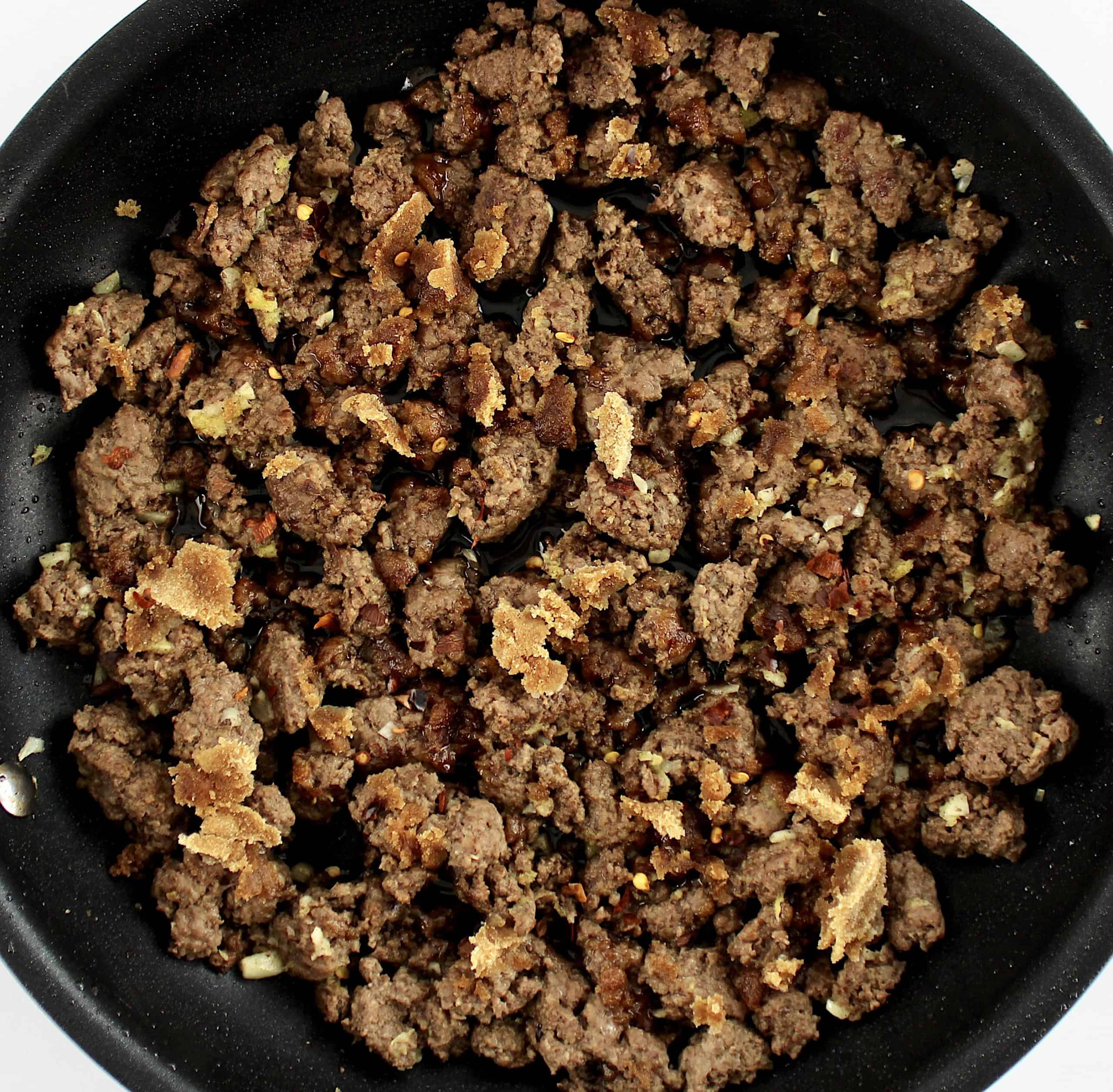 browned ground beef with sauce and brown sweetener