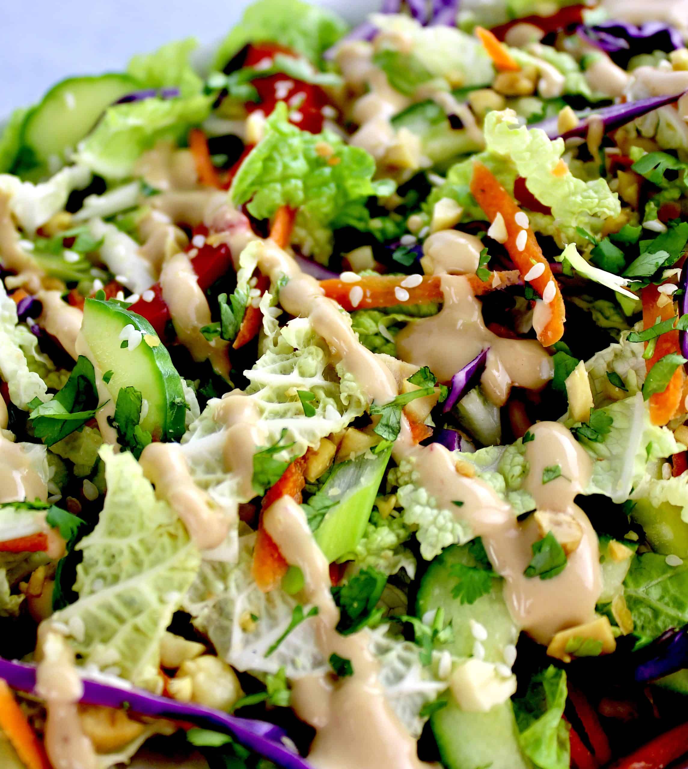 closeup of Thai Crunch Salad with Peanut Dressing