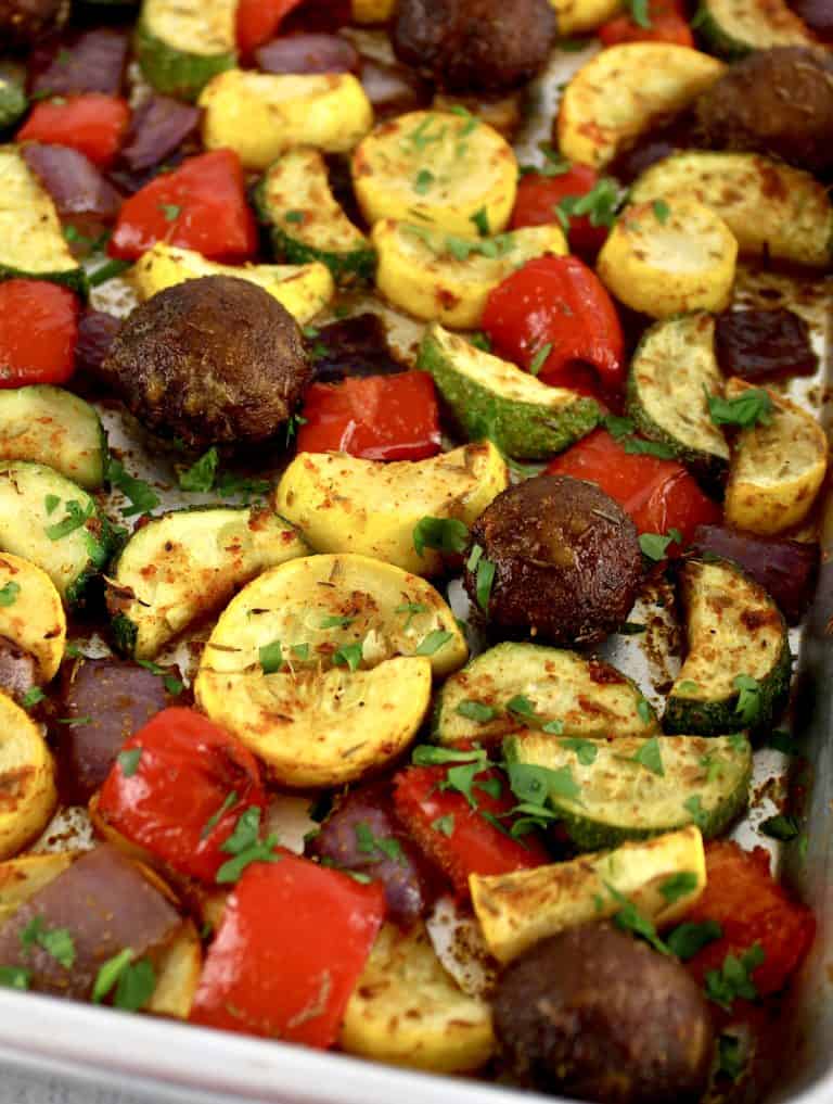 Oven Roasted Vegetables on sheet pan with chopped parsley on top