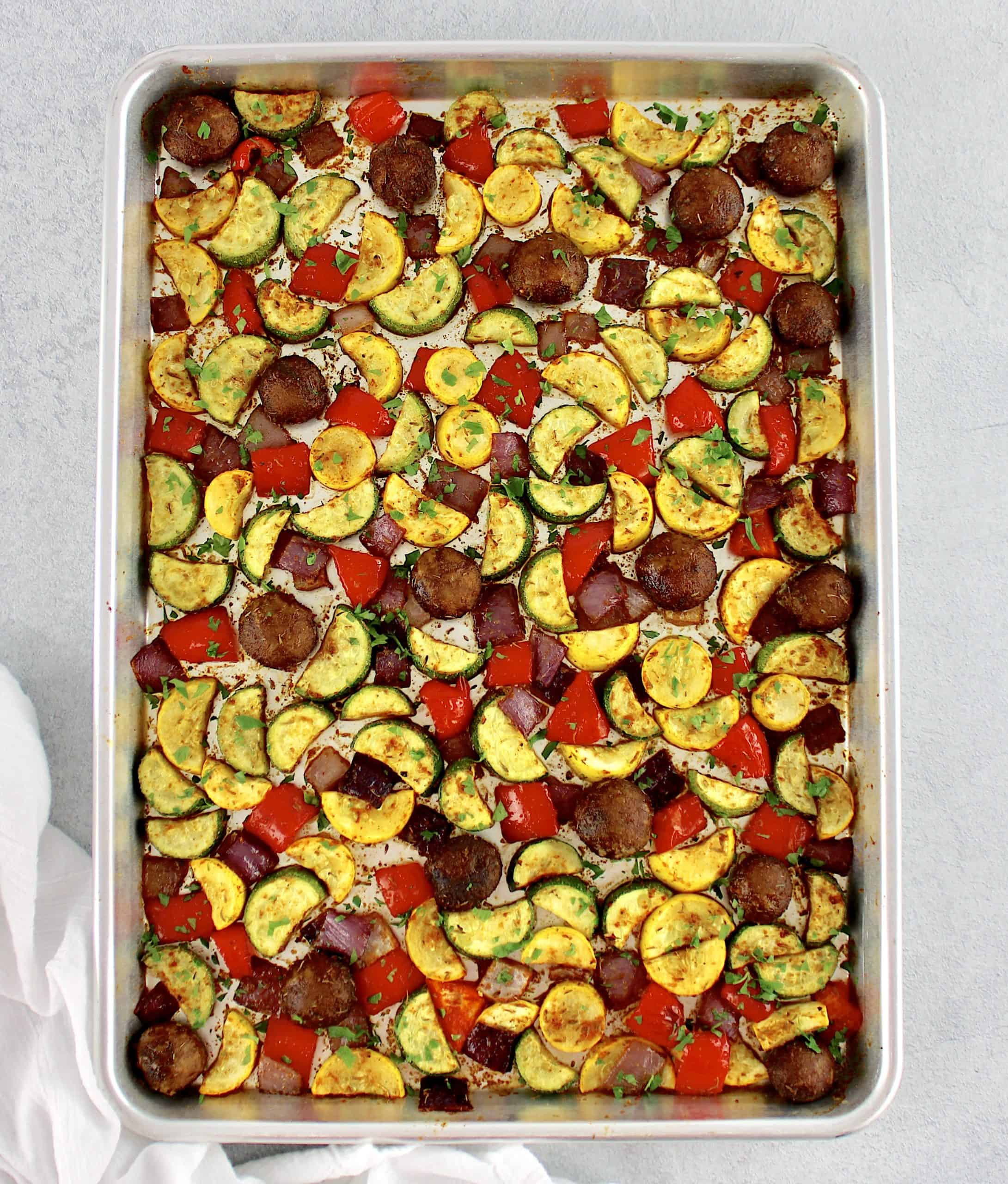 overhead view of Oven Roasted Vegetables on sheet pan