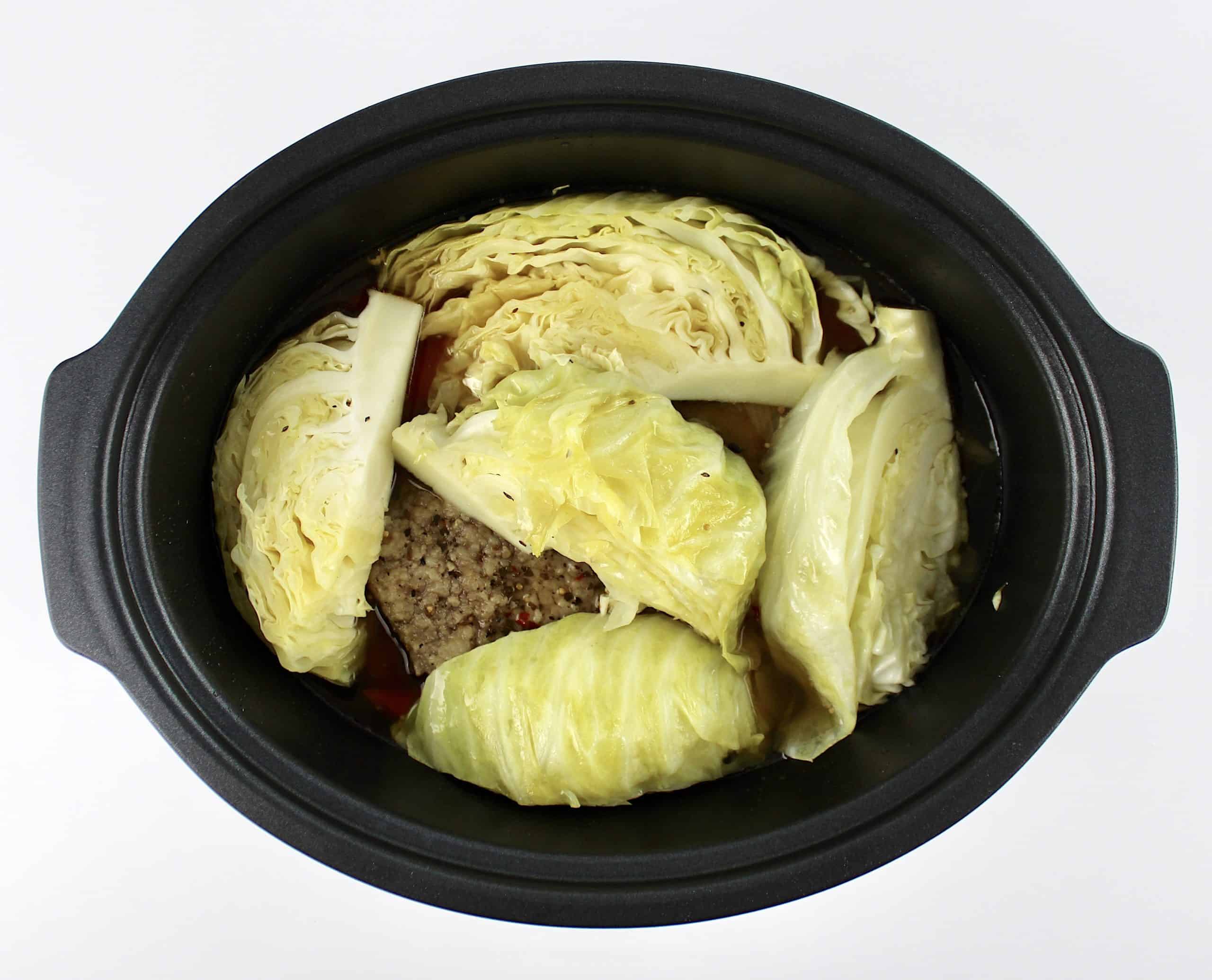 Slow Cooker Corned Beef and Cabbage wedges in slow cooker