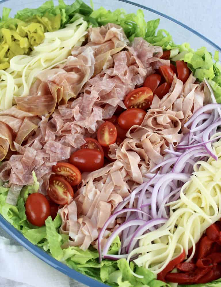 Grinder Salad in oval bowl arranged in rows