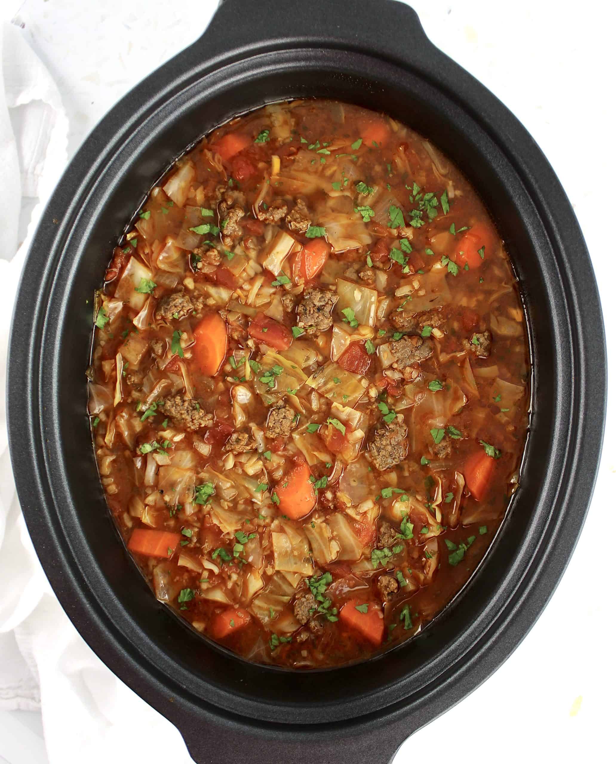 overhead view of Slow Cooker Cabbage Roll Soup in slow cooker insert