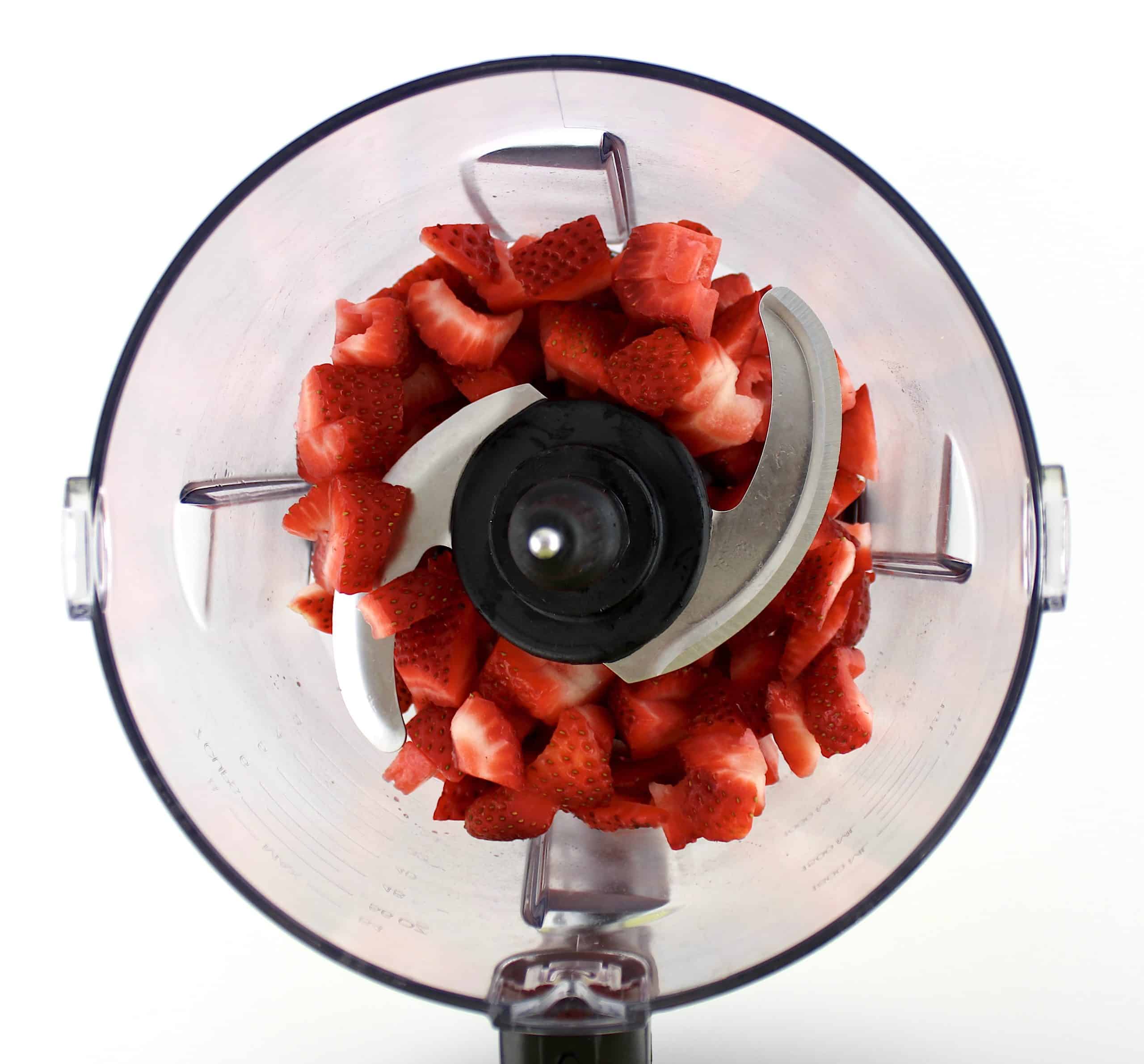 chopped strawberries in food processor