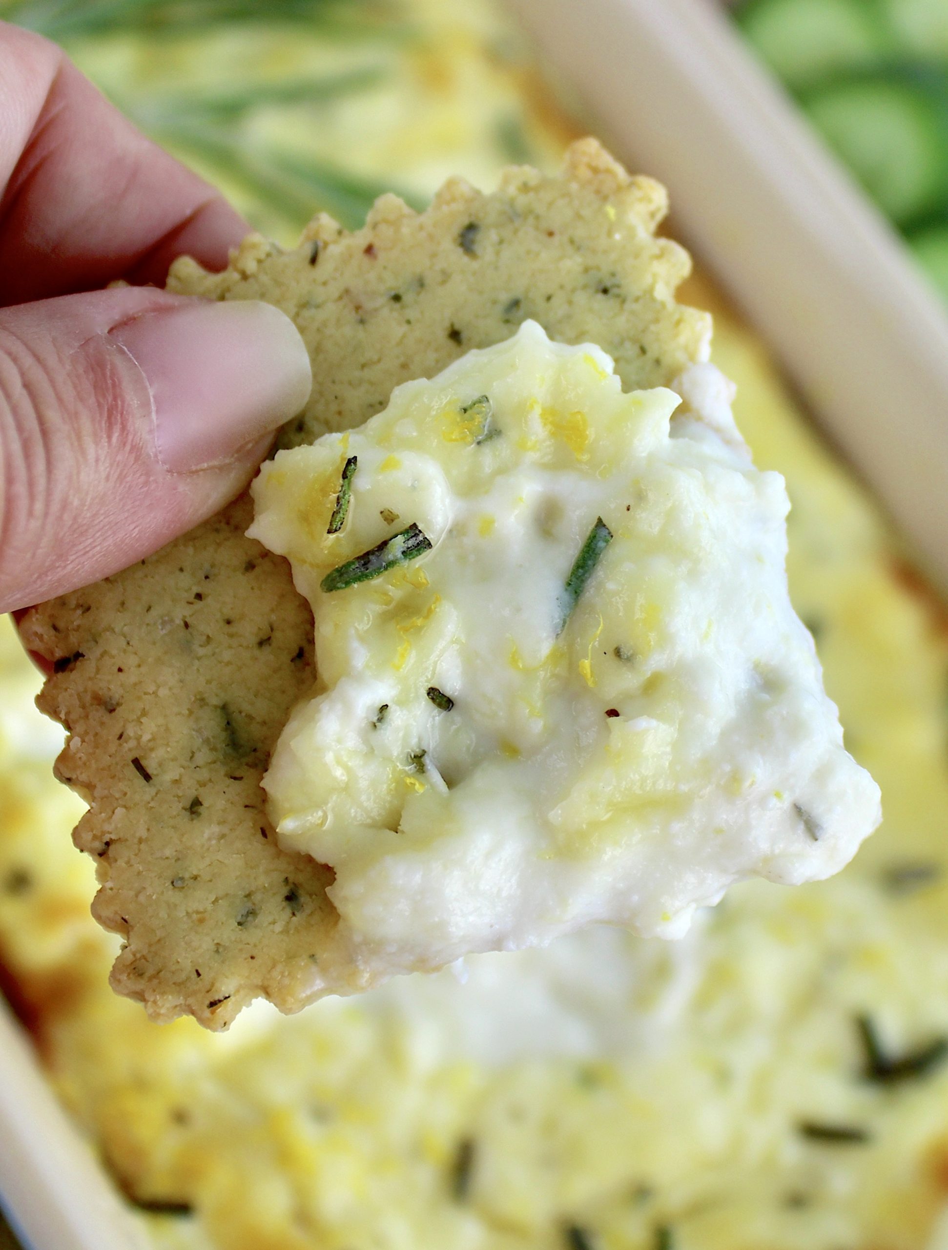 holding up cracker with ricotta dip on top
