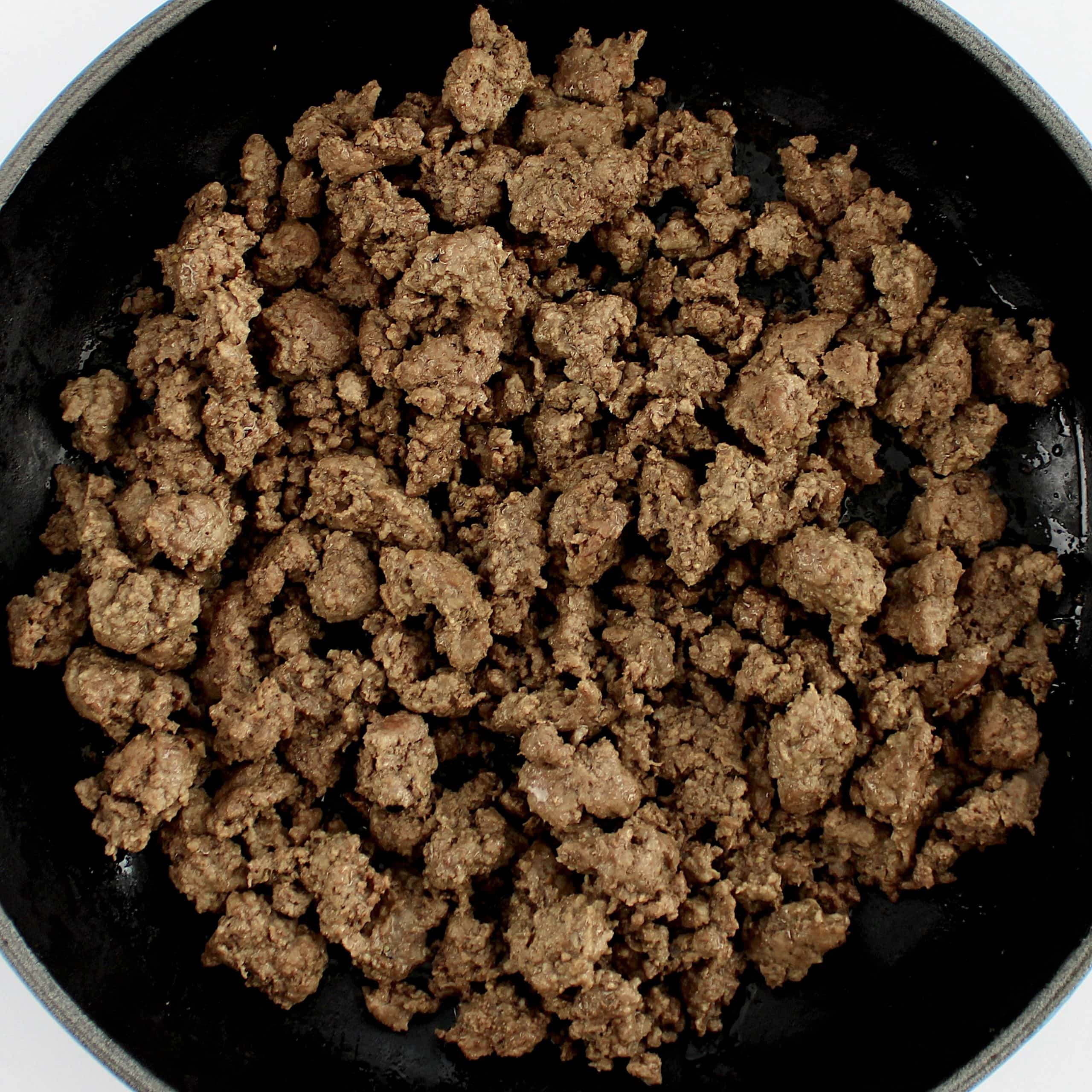 cooked ground beef in skillet