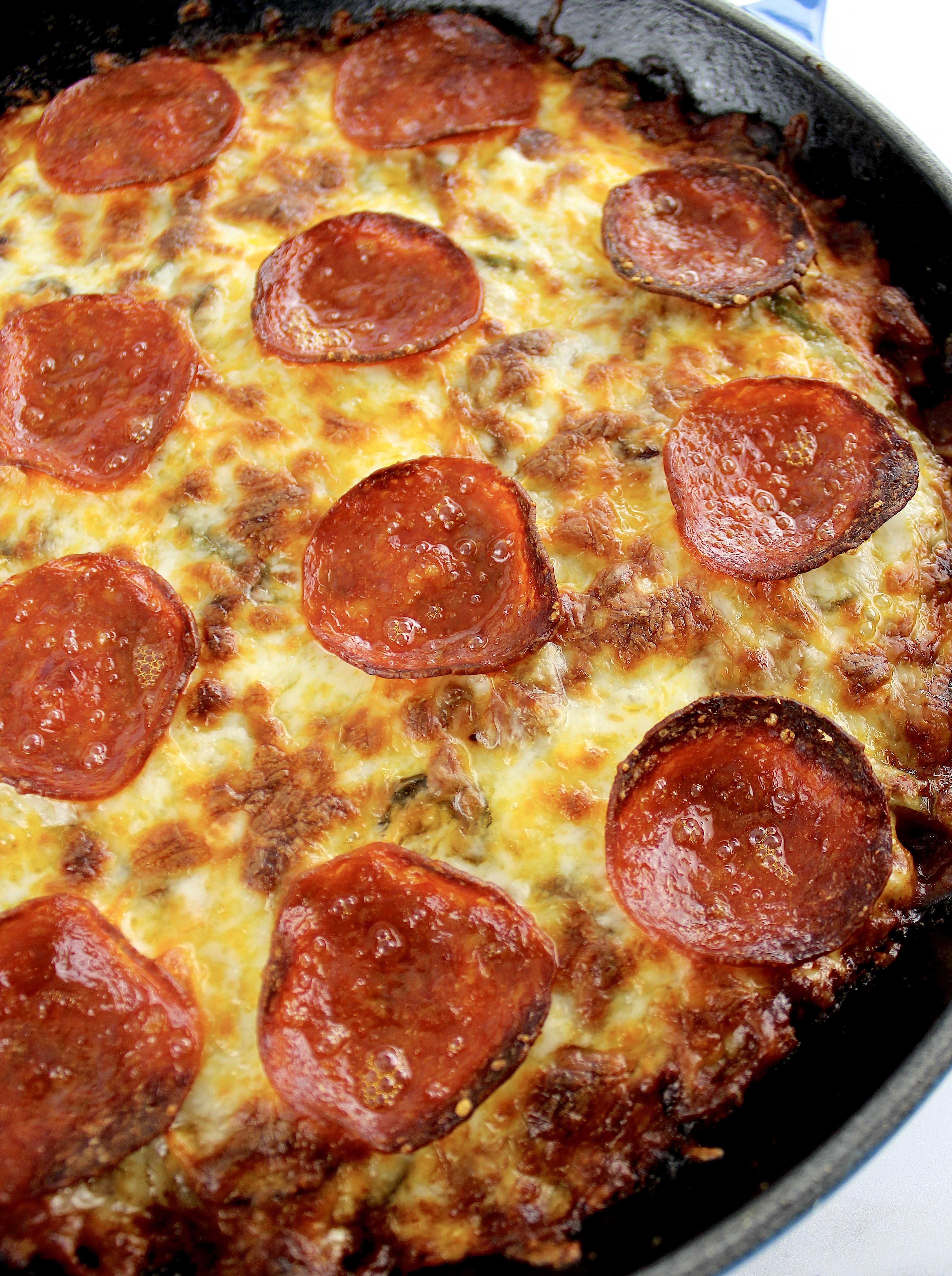 Crustless Pizza with pepperoni in skillet