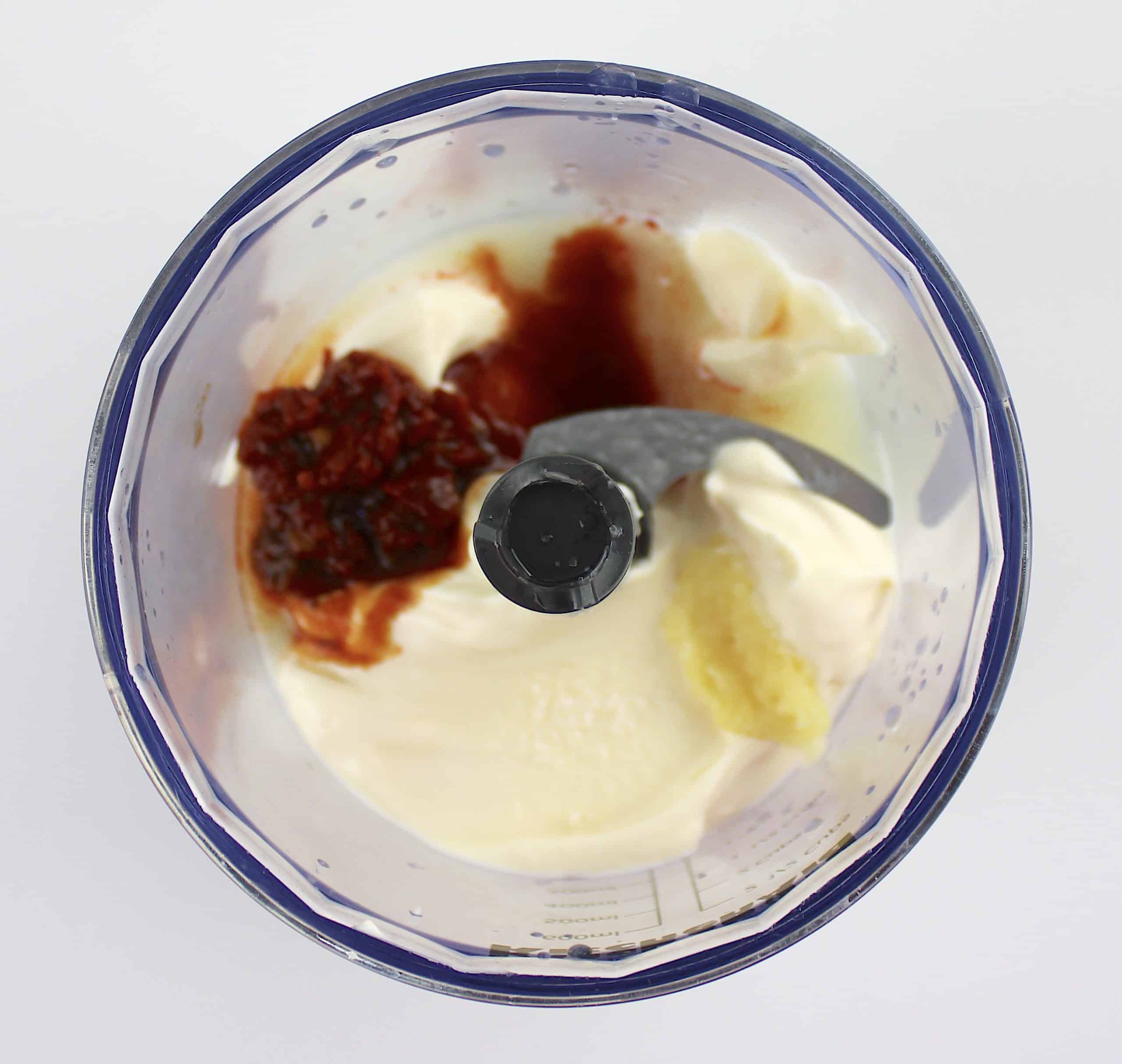 Chipotle Aioli ingredients in mini chopper bowl unmixed