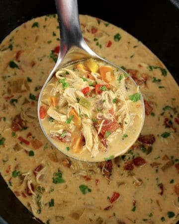 Chicken Fajita Soup in silver ladle over slow cooker