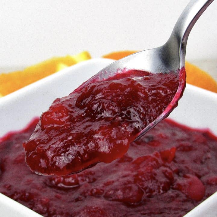 cranberry sauce in white bowl with spoonful